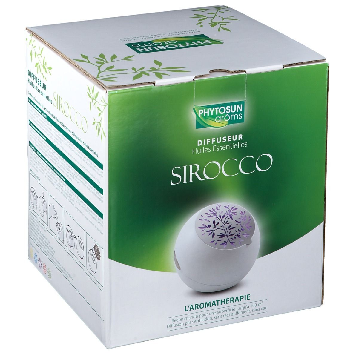 Verpakking met productafbeelding. Opschrift: Diffuseur Huiles Essentielles, SIROCCO. Merk: Phytosun arôms. Witte diffuser met paars patroon.