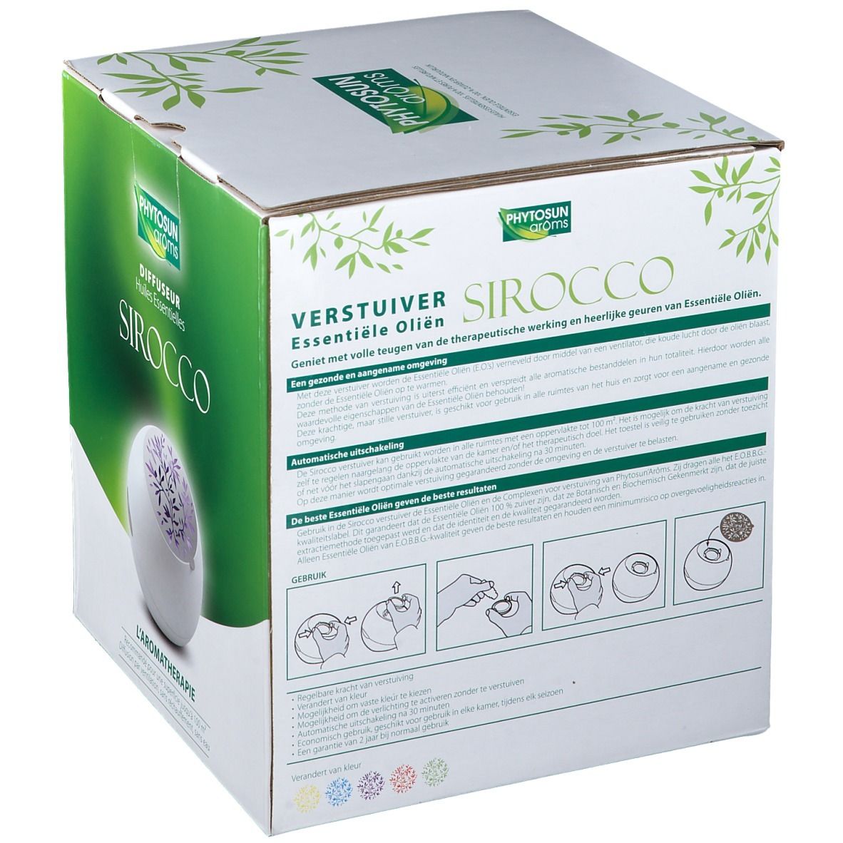 Achterkant van de verpakking. Tekst: Verstuiver Essentiële Oliën, SIROCCO. Gebruiksillustraties. Merk: Phytosun arôms. Aromatherapie.