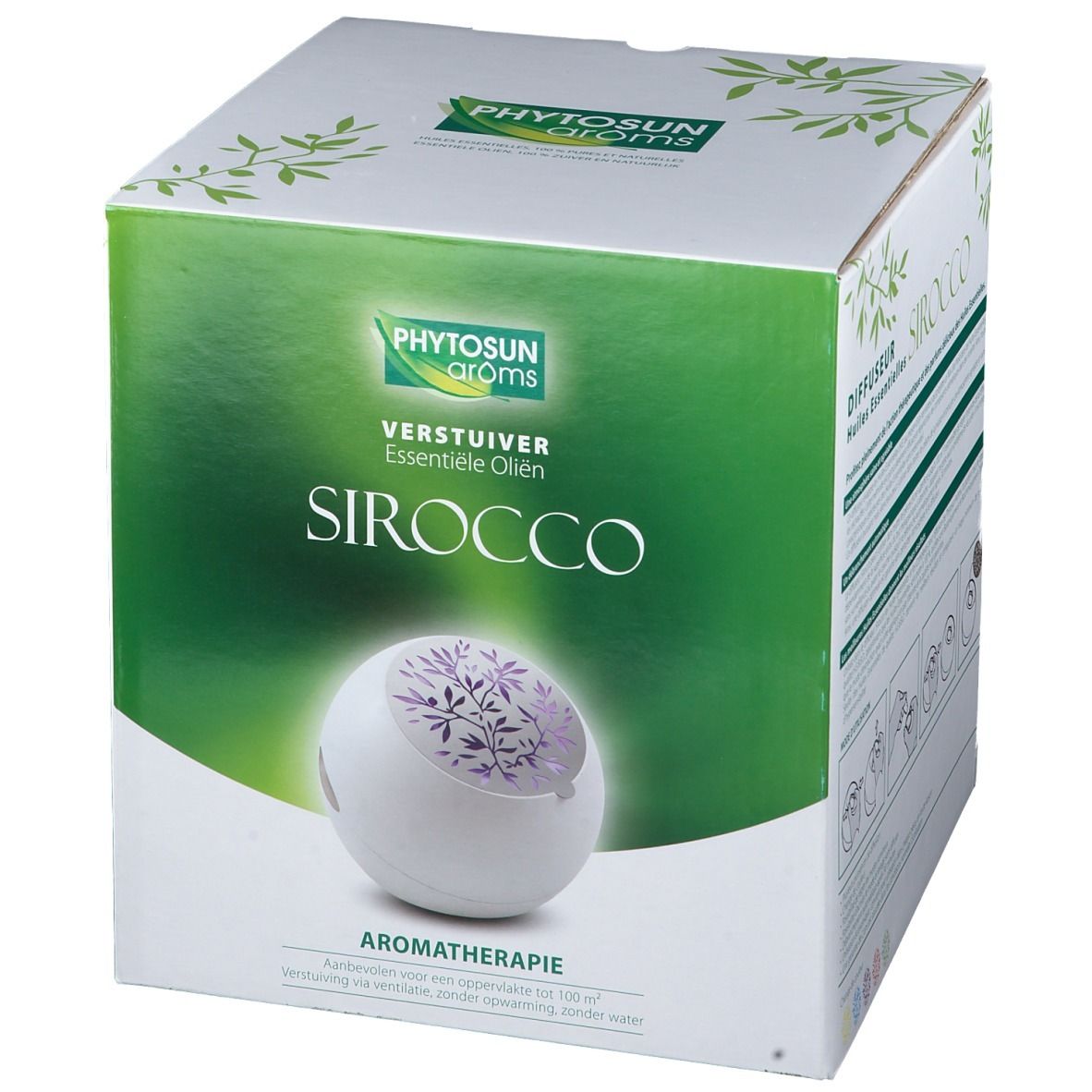 Verpakking met productafbeelding. Opschrift: Verstuiver Essentiële Oliën, SIROCCO. Merk: Phytosun arôms. Witte diffuser met paars patroon.