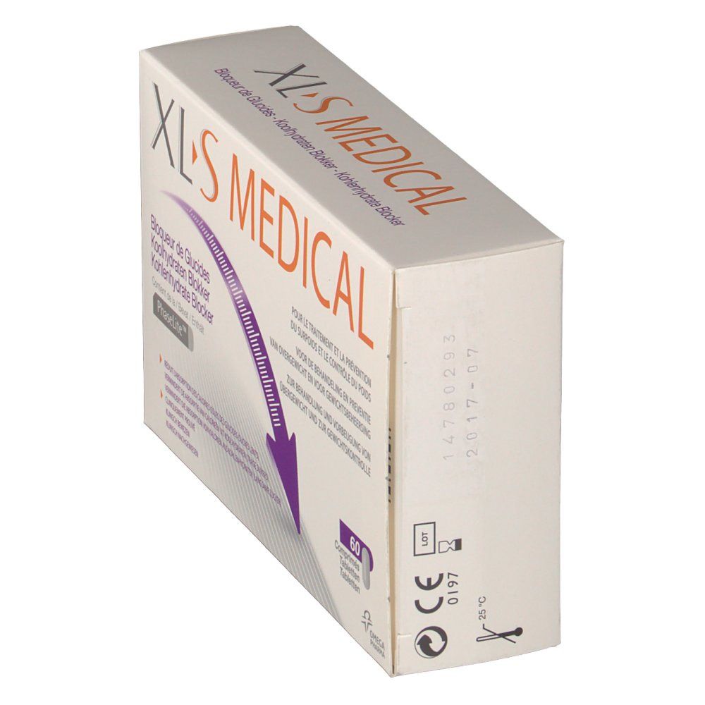 Boîte blanche XL-S MEDICAL. Contient 60 comprimés. Texte: Bloqueur de glucides.