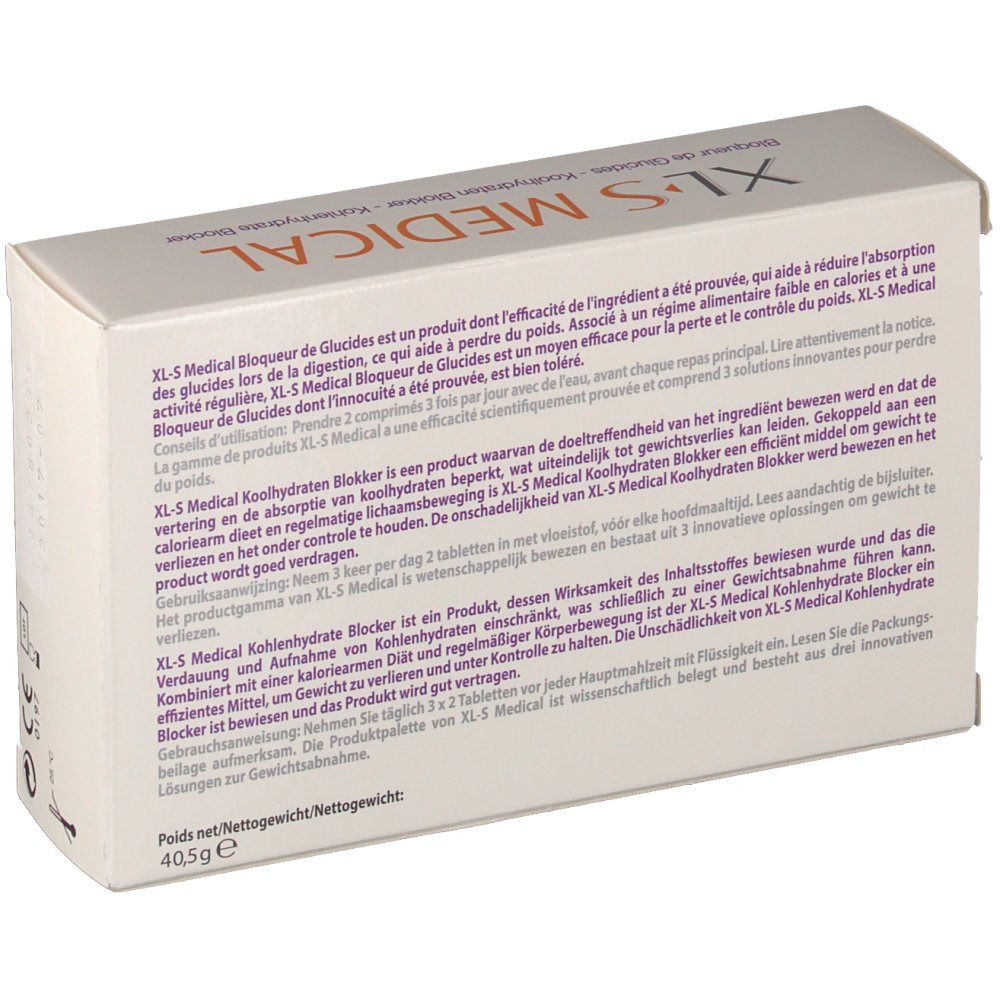 Dos de la boîte XL-S MEDICAL. Informations textuelles et ingrédients.