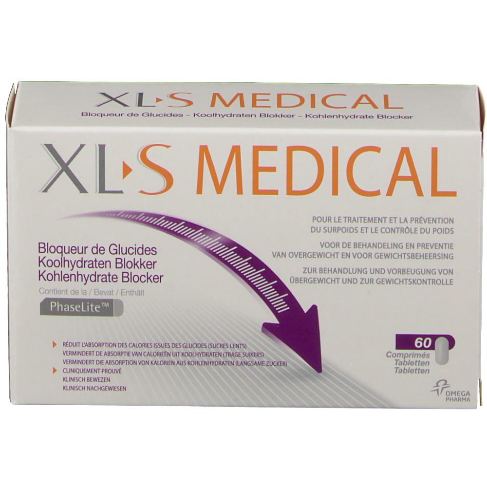 Boîte blanche XL-S MEDICAL. Contient 60 comprimés. Texte: Bloqueur de glucides.
