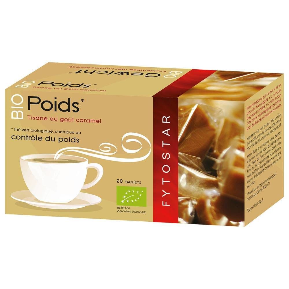 Kartonverpackung mit Teebeuteln. Aufdruck: BIO Poids, Tisane au goût caramel, 20 Sachets. Logo für biologischen Anbau.