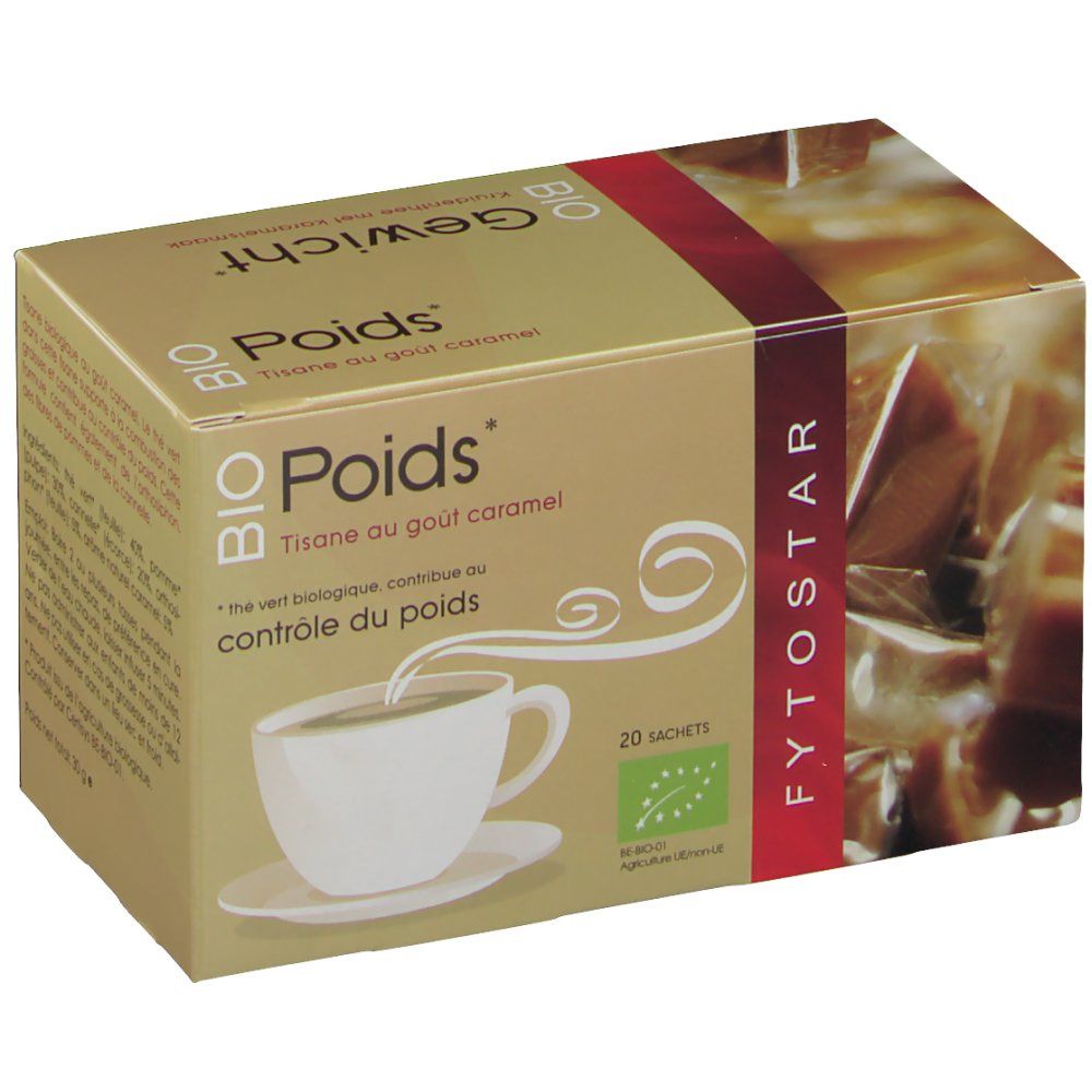 Kartonverpackung mit Teebeuteln. Aufdruck: BIO Poids, Tisane au goût caramel, 20 Sachets. Logo für biologischen Anbau.