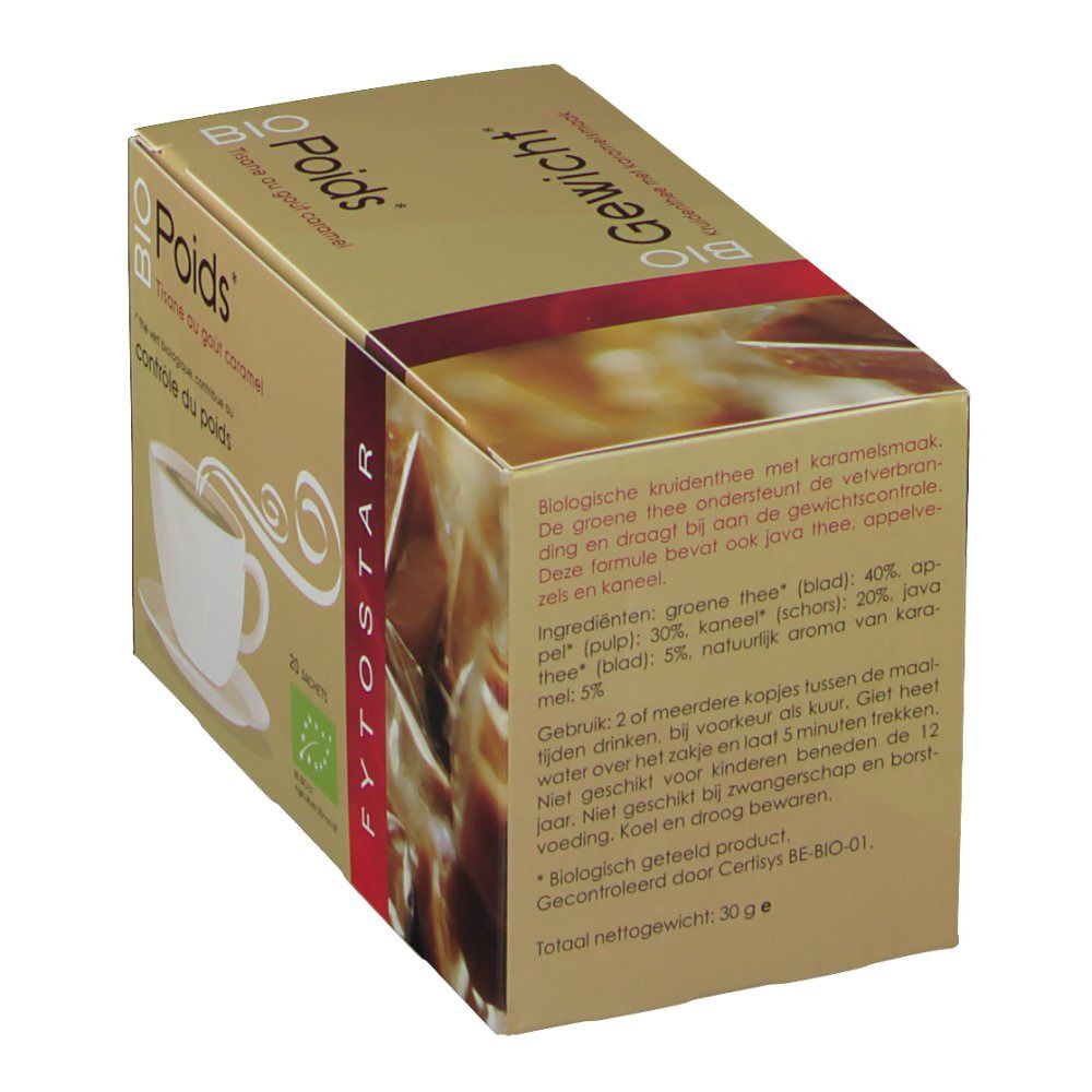 Kartonverpackung mit Teebeuteln. Aufdruck: BIO Poids, Tisane au goût caramel, 20 Sachets. Logo für biologischen Anbau.