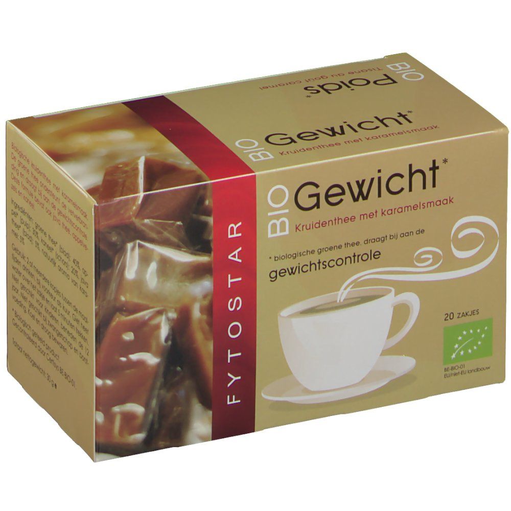 Kartonverpackung mit Teebeuteln. Aufdruck: BIO Gewicht, Kräutertee mit Karamellgeschmack, 20 Beutel. Logo für biologischen Anbau.