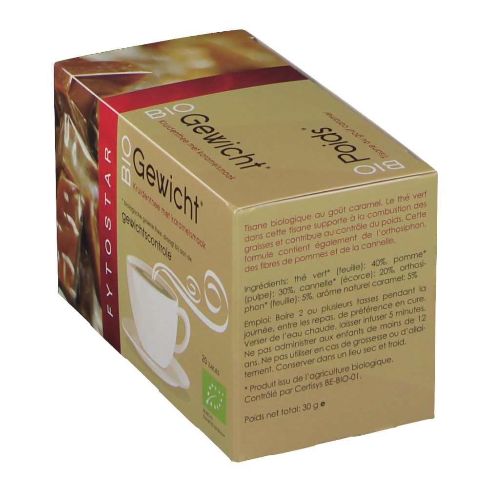 Kartonverpackung mit Teebeuteln. Aufdruck: BIO Gewicht, Kräutertee mit Karamellgeschmack, 20 Beutel. Logo für biologischen Anbau.