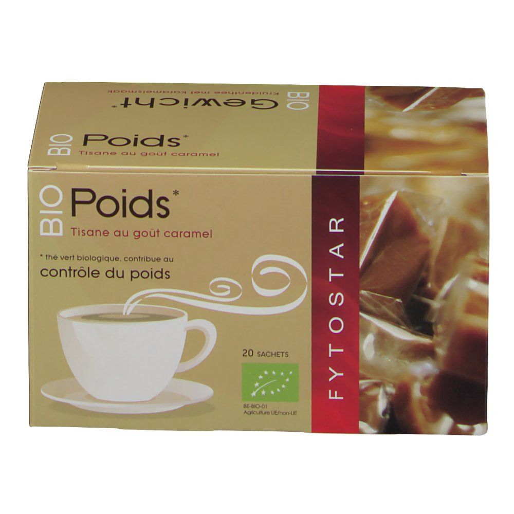 Kartonverpackung mit Teebeuteln. Aufdruck: BIO Poids, Tisane au goût caramel, 20 Sachets. Logo für biologischen Anbau.