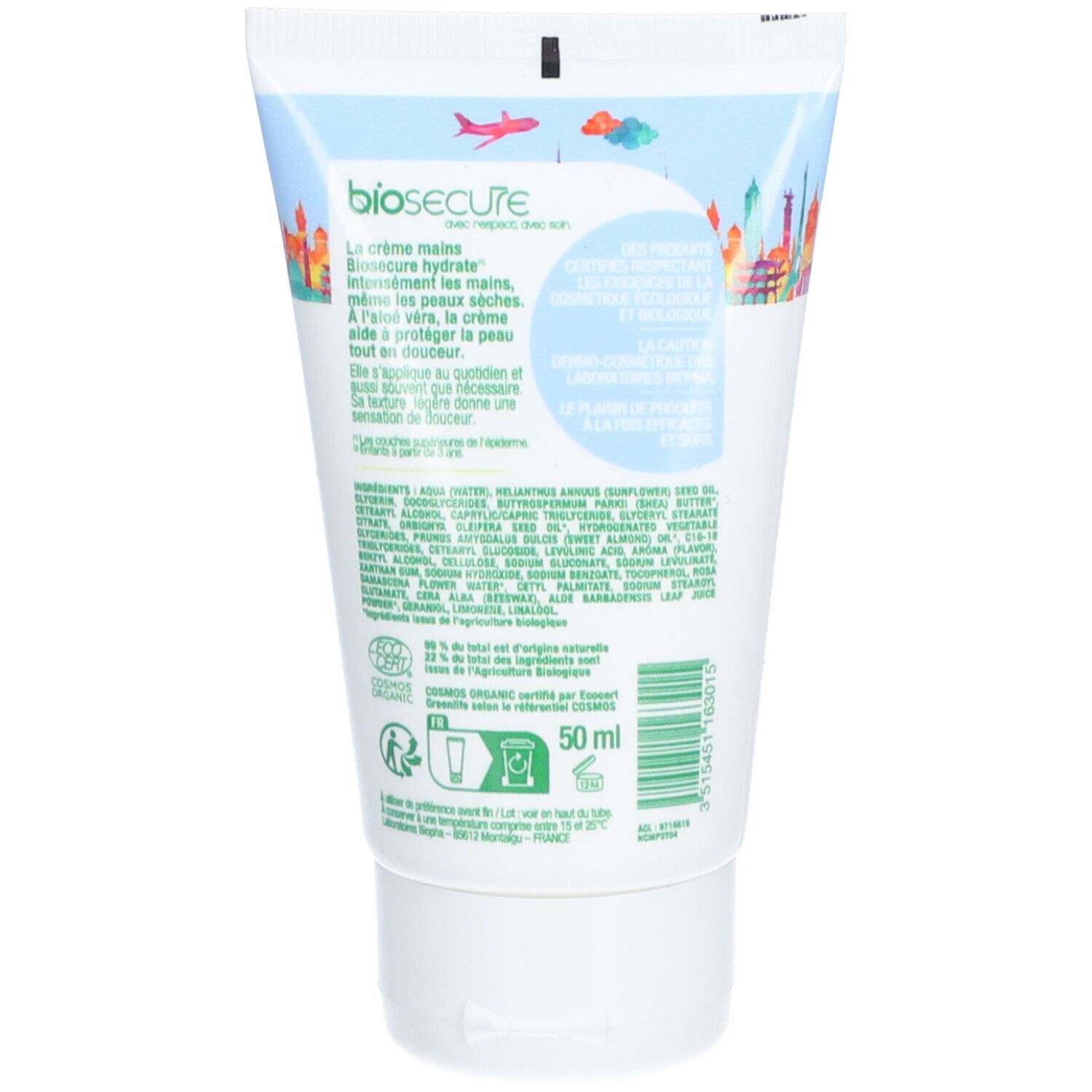 Dos du tube. Texte avec ingrédients et instructions. Logo ECOCERT et indication 50 ml.