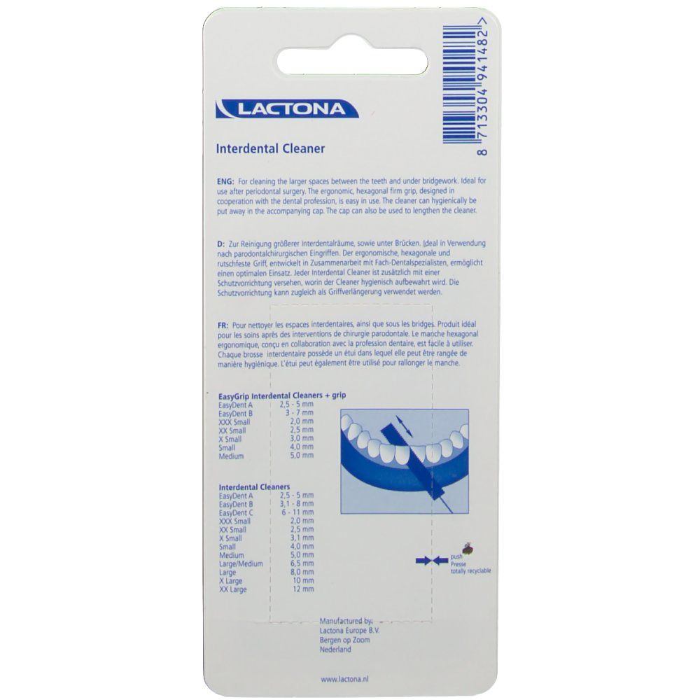 Dos du paquet avec texte. Logo "Lactona", informations produit et indications de tailles.