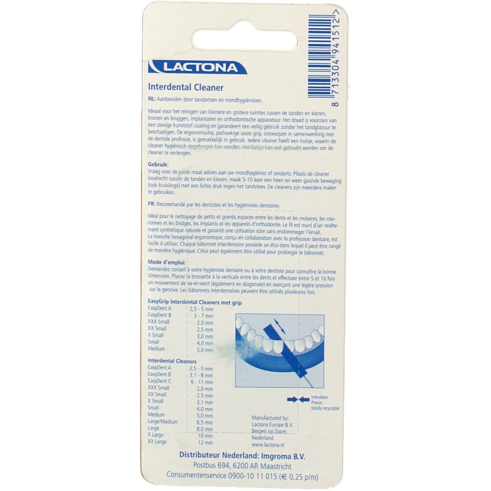 Rückseite der Verpackung mit Produktinformationen. Diagramm mit Größenangaben. Marke LACTONA.