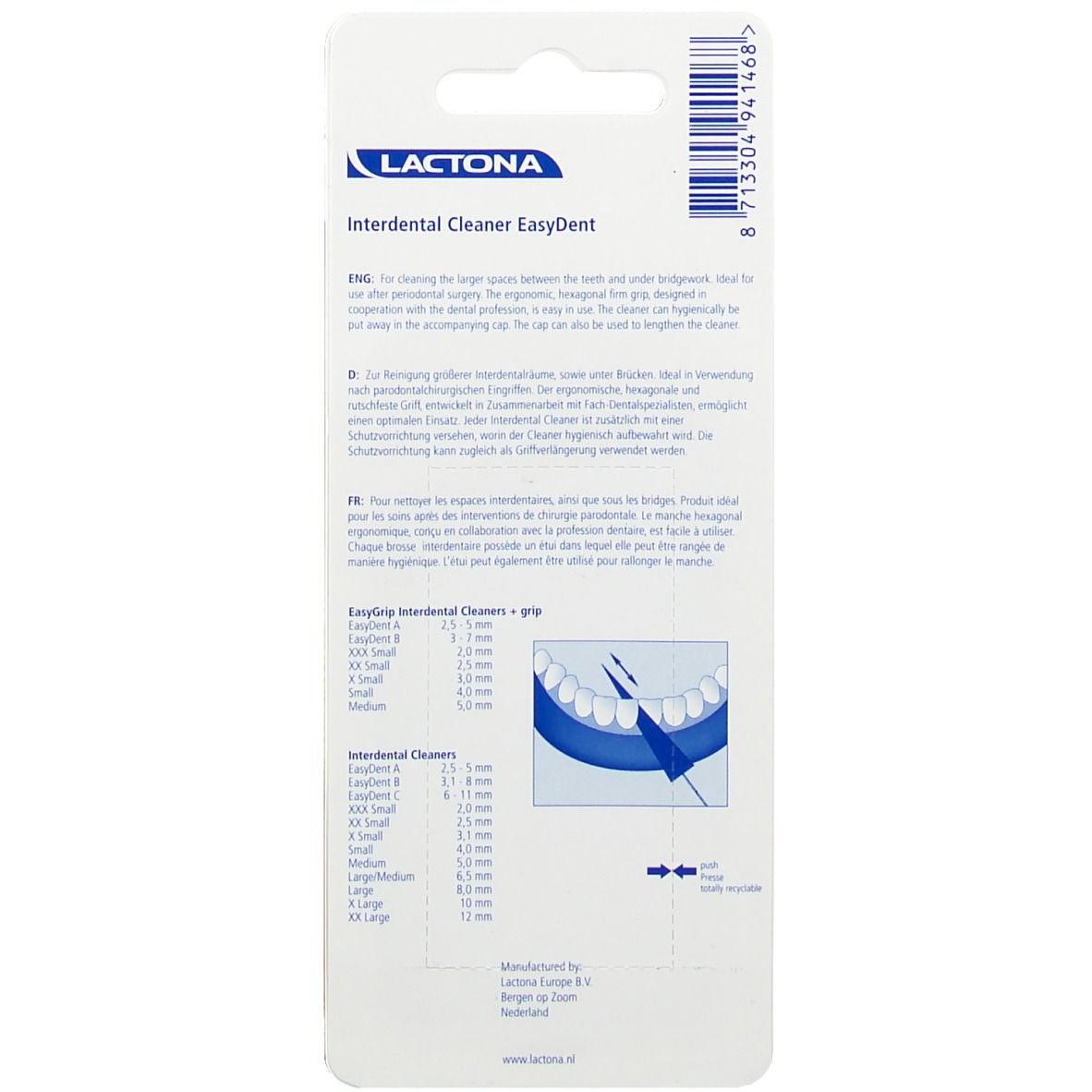 Rückseite der Verpackung mit Informationen zu Lactona EasyDent Interdentalreinigern. Text in mehreren Sprachen, Diagramm.