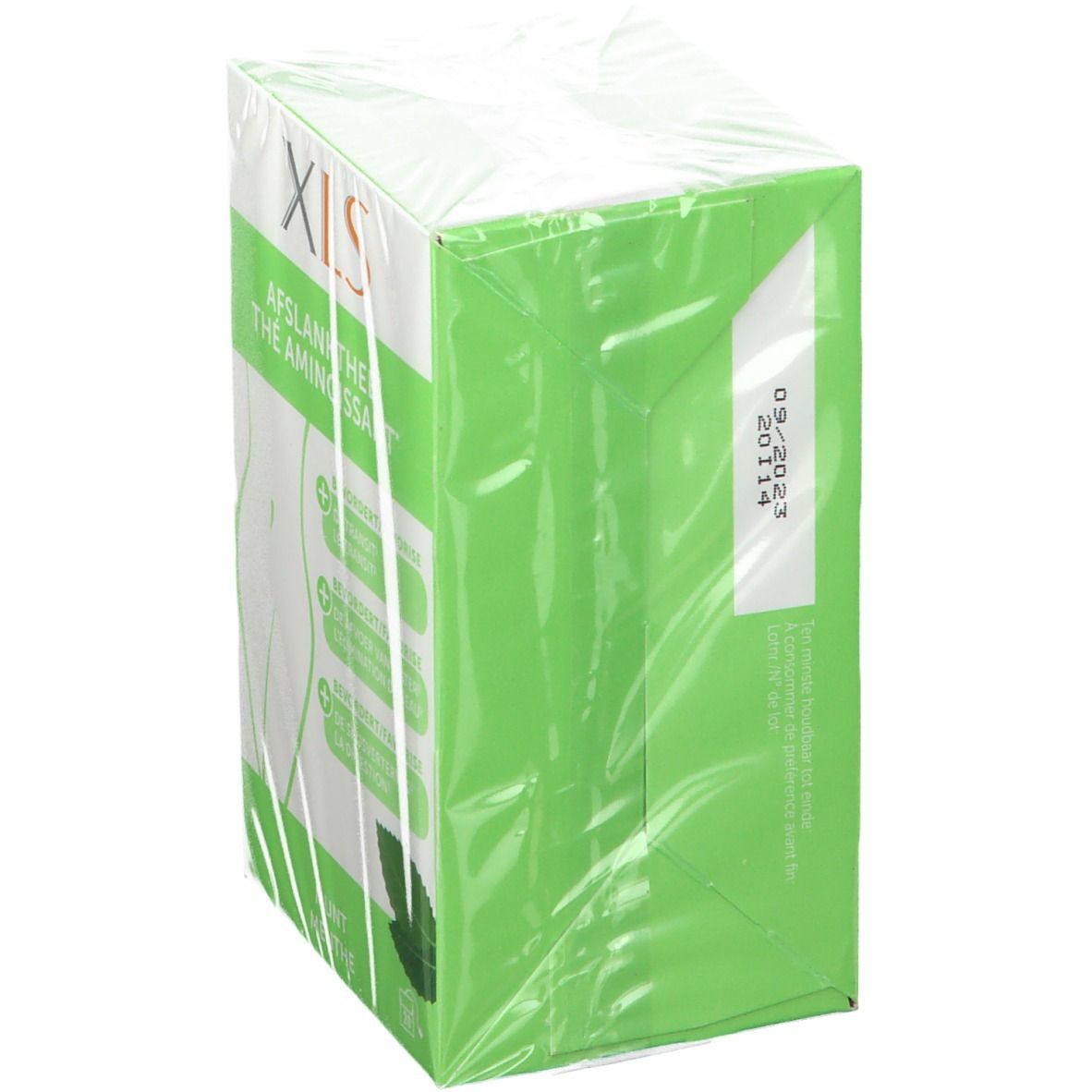 Vue latérale de l'emballage XL-S Thé Amincissant. Boîte verte emballée dans du film plastique. Impression de la date de péremption.