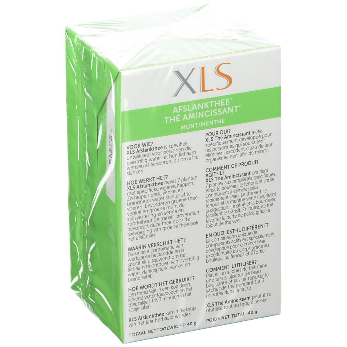 Emballage XL-S Thé Amincissant. Boîte verte avec texte multilingue. Informations sur le produit et ingrédients.