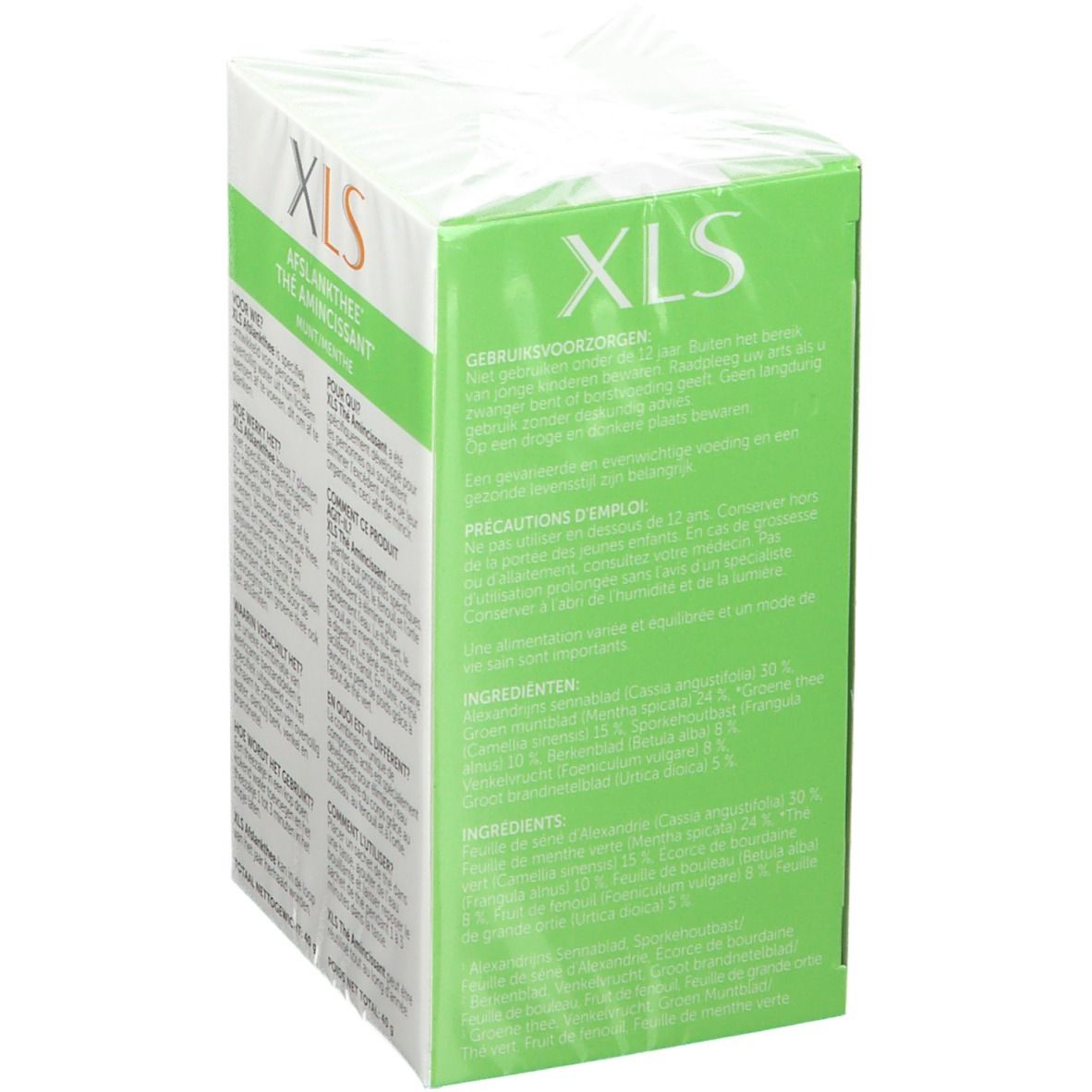 Dos de l'emballage XL-S Thé Amincissant. Boîte verte avec texte multilingue. Mode d'emploi et ingrédients.