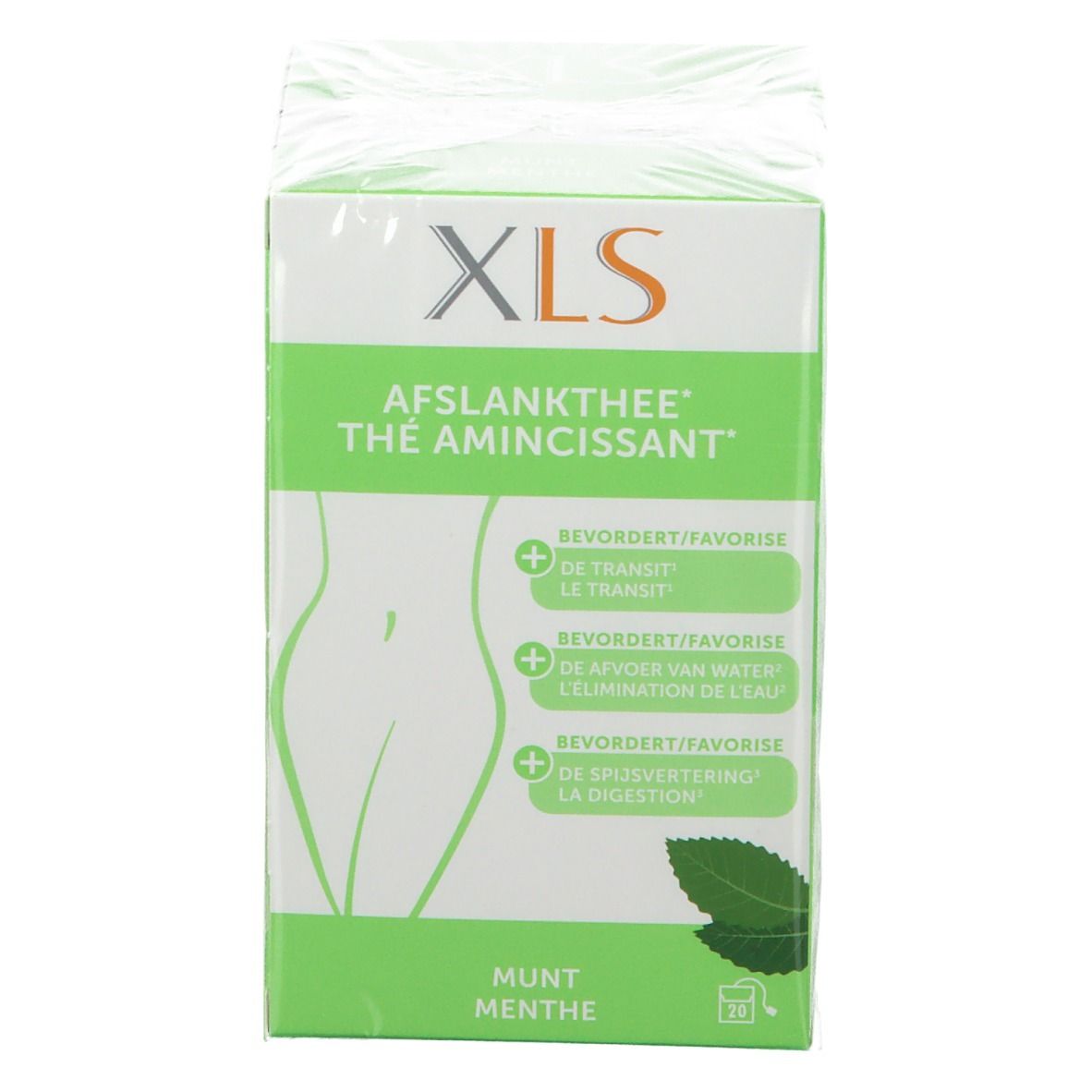 Face avant de l'emballage XL-S Thé Amincissant. Boîte verte avec nom du produit et illustration d'une silhouette. Goût menthe.