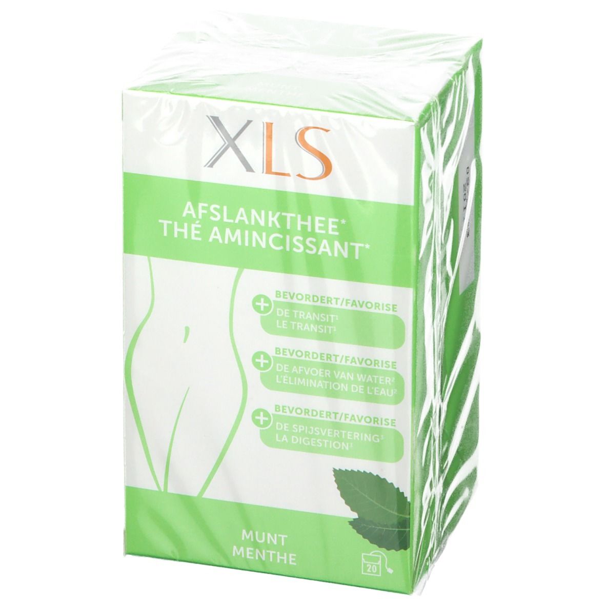 Emballage XL-S Thé Amincissant. Boîte verte avec nom du produit et illustration d'une silhouette. Goût menthe. Emballé.