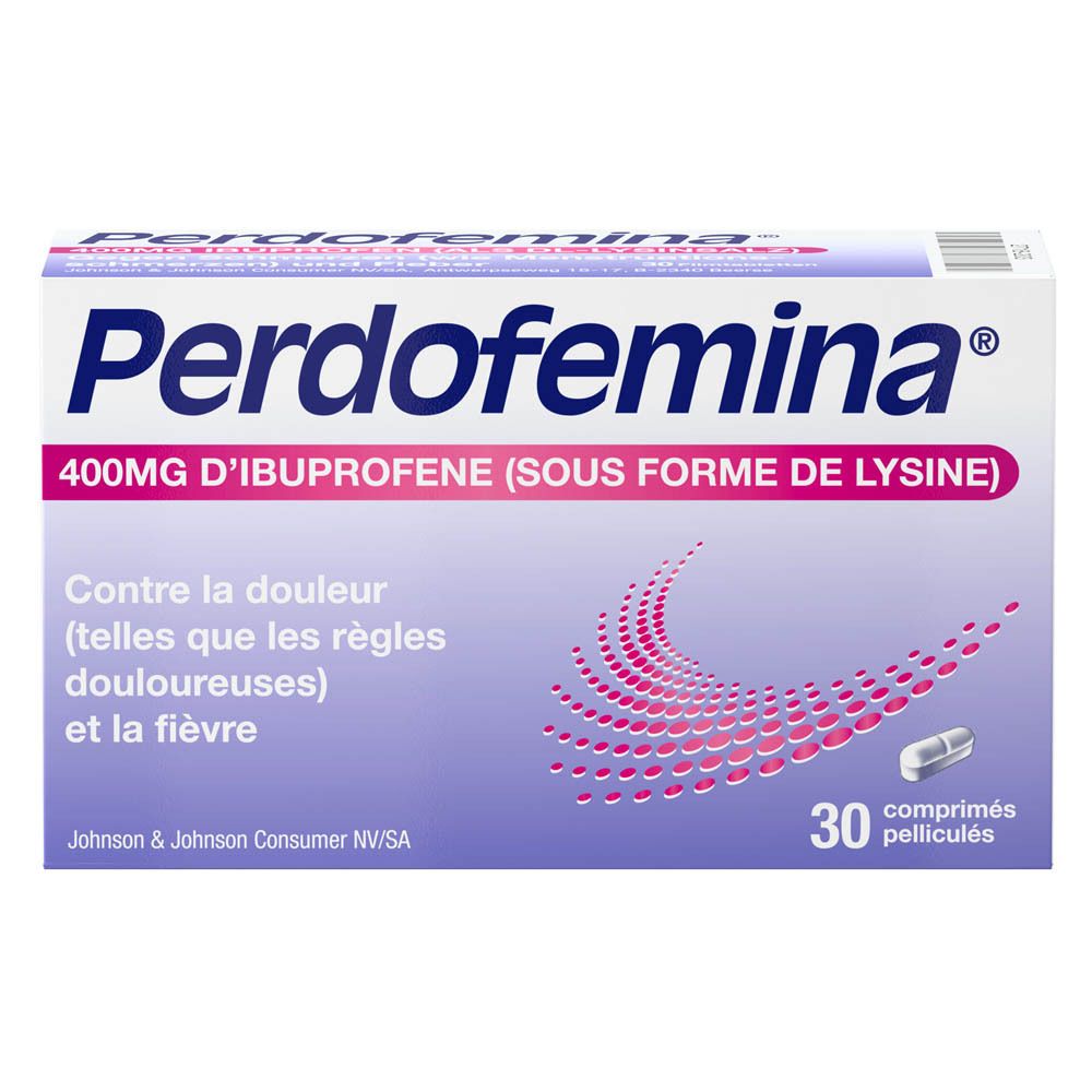 Boîte Perdofemina 400mg Ibuprofène. 30 comprimés. Inscription : Contre douleurs et fièvre.