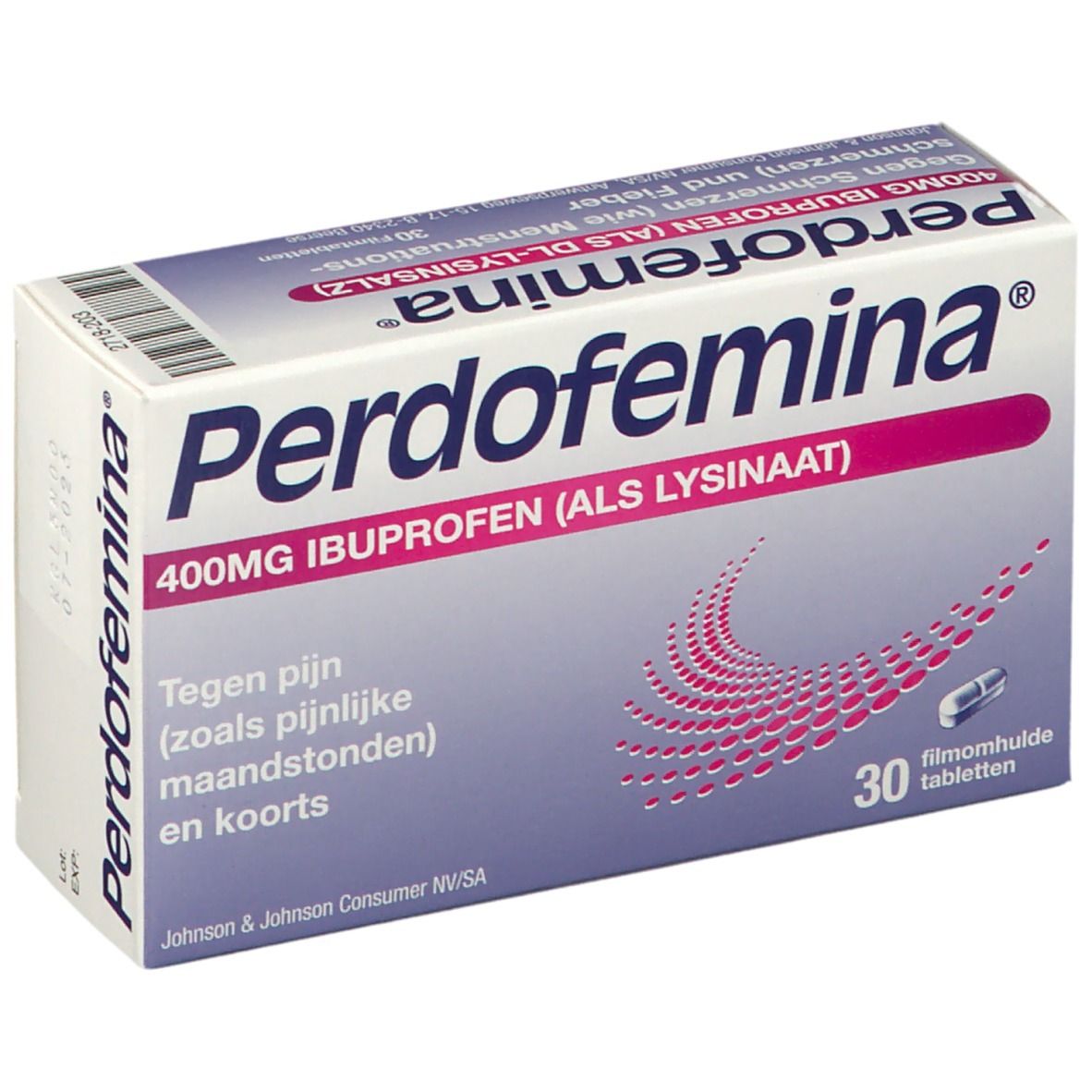 Boîte de Perdofemina 400mg Ibuprofène. Contient 30 comprimés pelliculés. Inscription : Contre douleurs et fièvre.