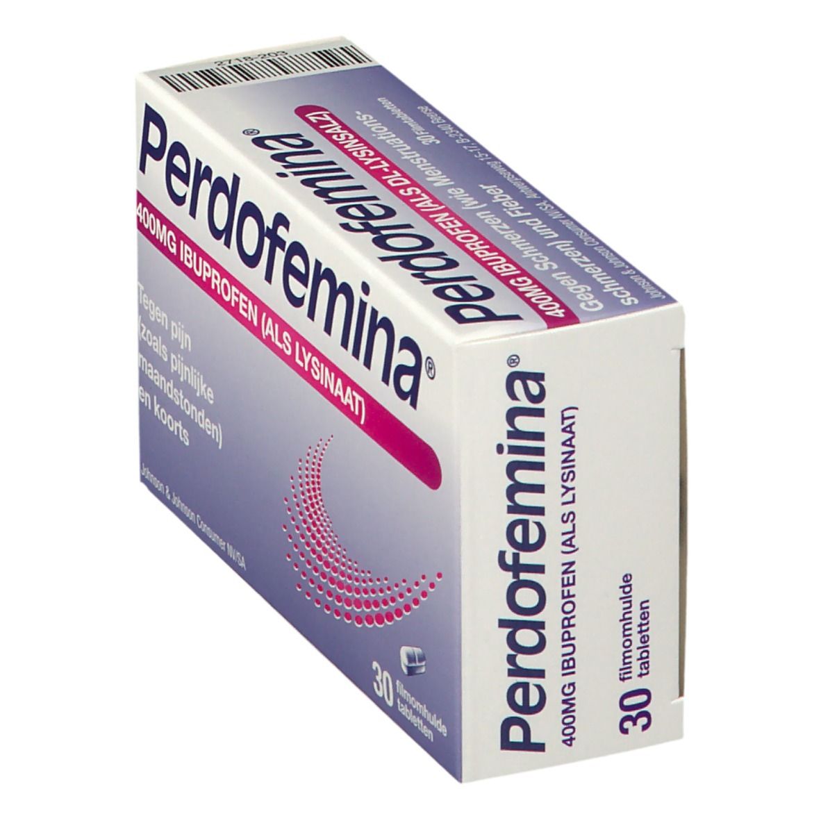 Boîte de Perdofemina 400mg Ibuprofène. Contient 30 comprimés pelliculés. Inscription : Contre douleurs et fièvre.