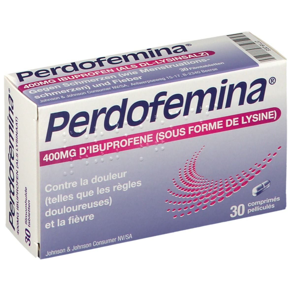 Boîte de Perdofemina 400mg Ibuprofène. Contient 30 comprimés pelliculés. Inscription : Contre douleurs et fièvre.