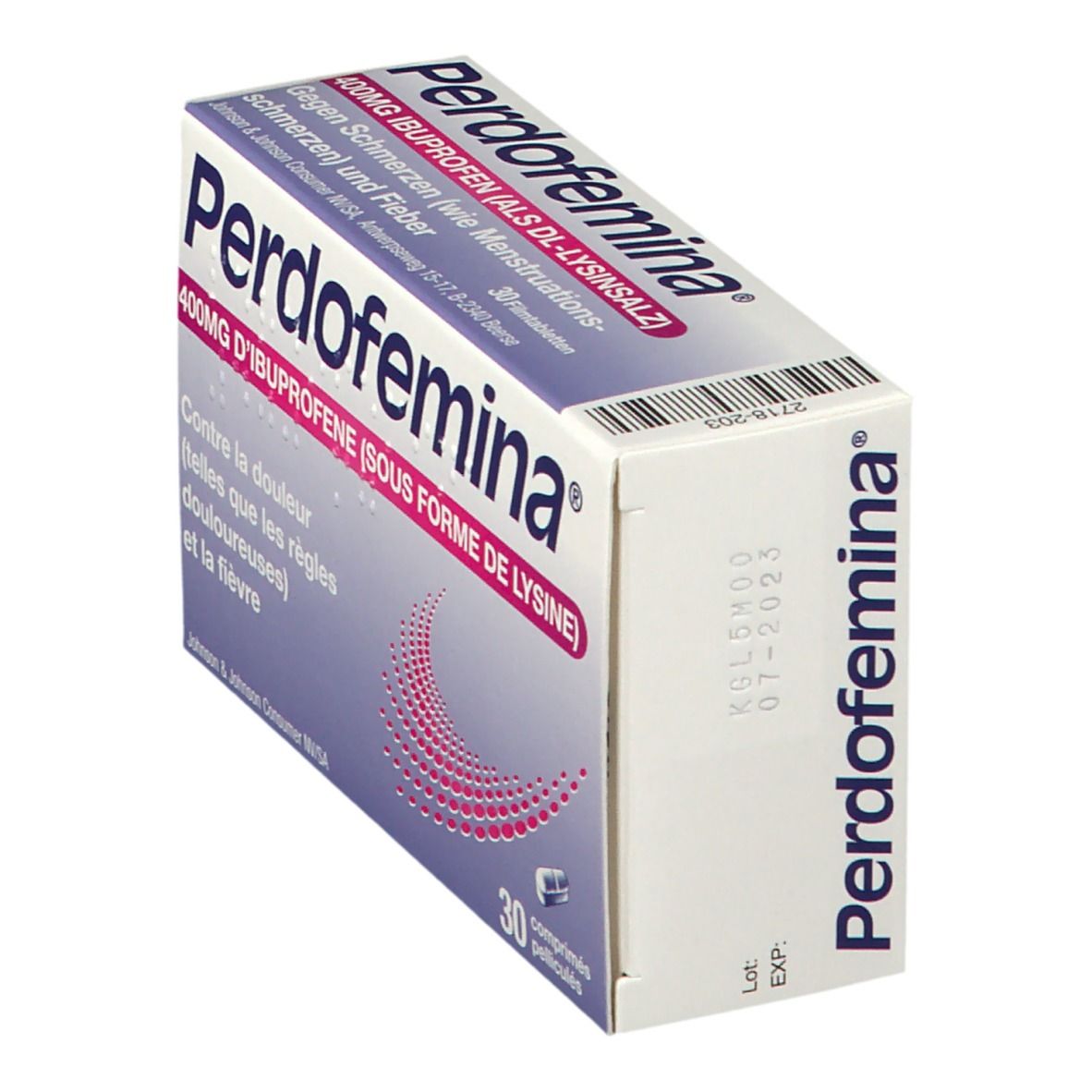 Boîte de Perdofemina 400mg Ibuprofène. Contient 30 comprimés pelliculés. Inscription : Contre douleurs et fièvre.