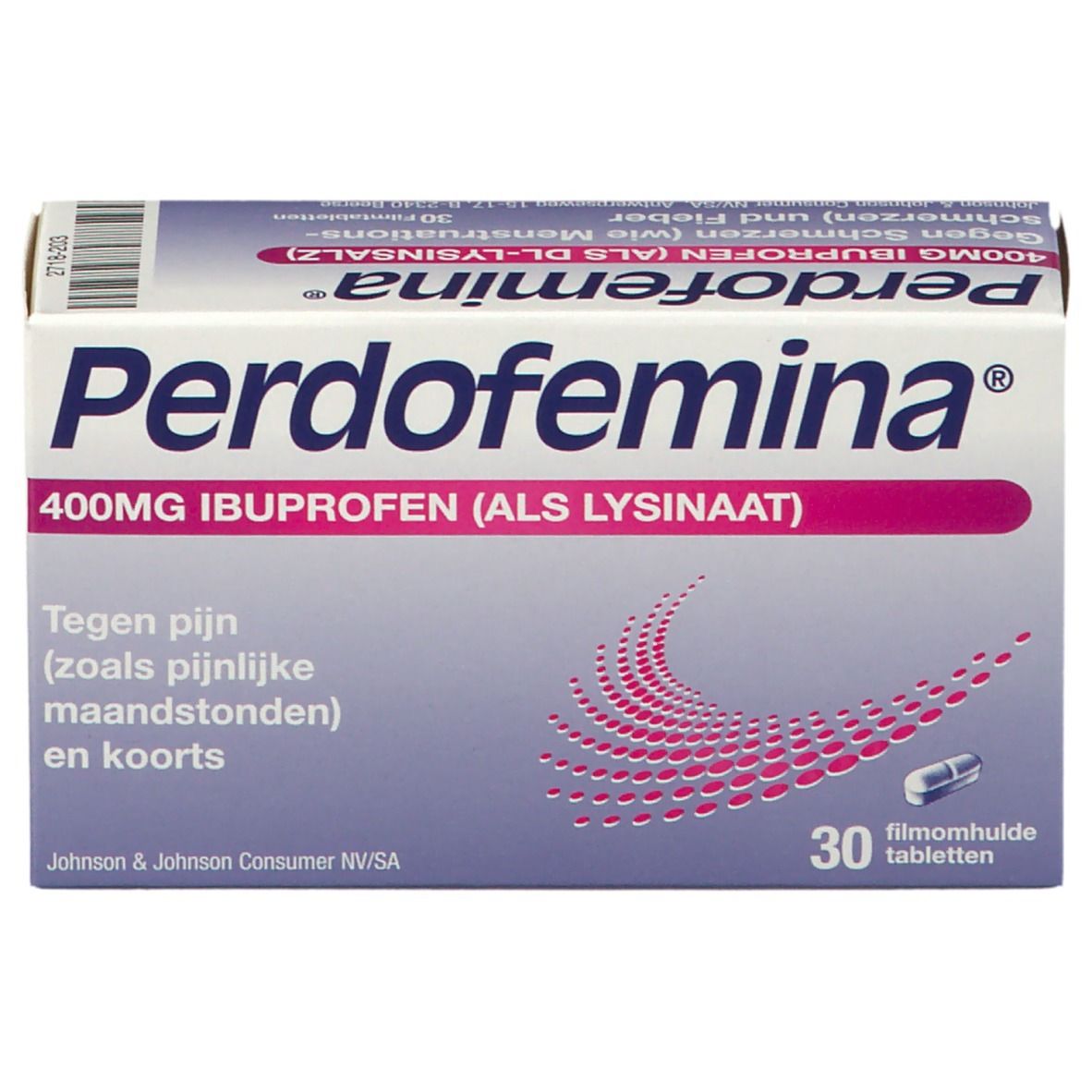 Boîte de Perdofemina 400mg Ibuprofène. Contient 30 comprimés pelliculés. Inscription : Contre douleurs et fièvre.