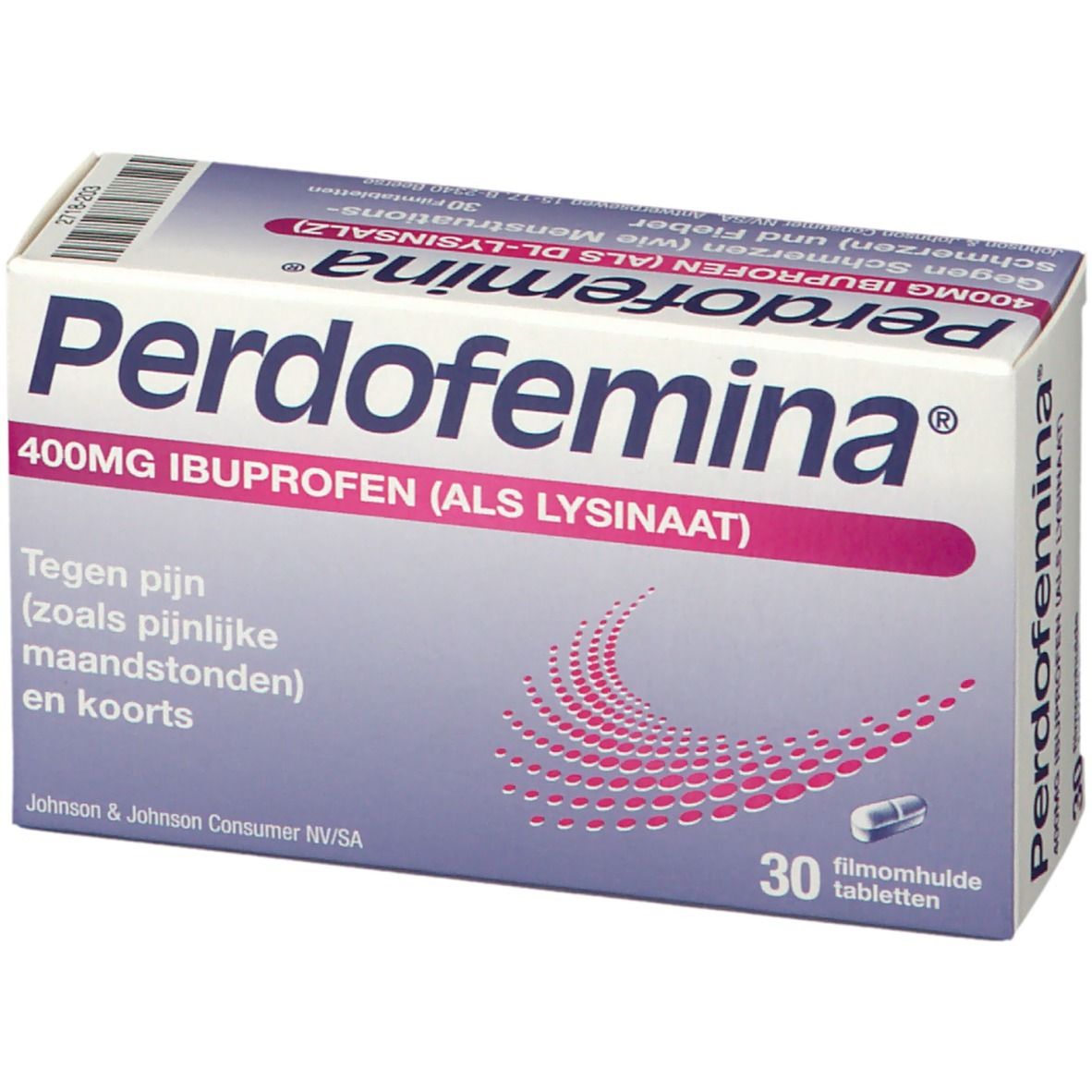 Boîte de Perdofemina 400mg Ibuprofène. Contient 30 comprimés pelliculés. Inscription : Contre douleurs et fièvre.