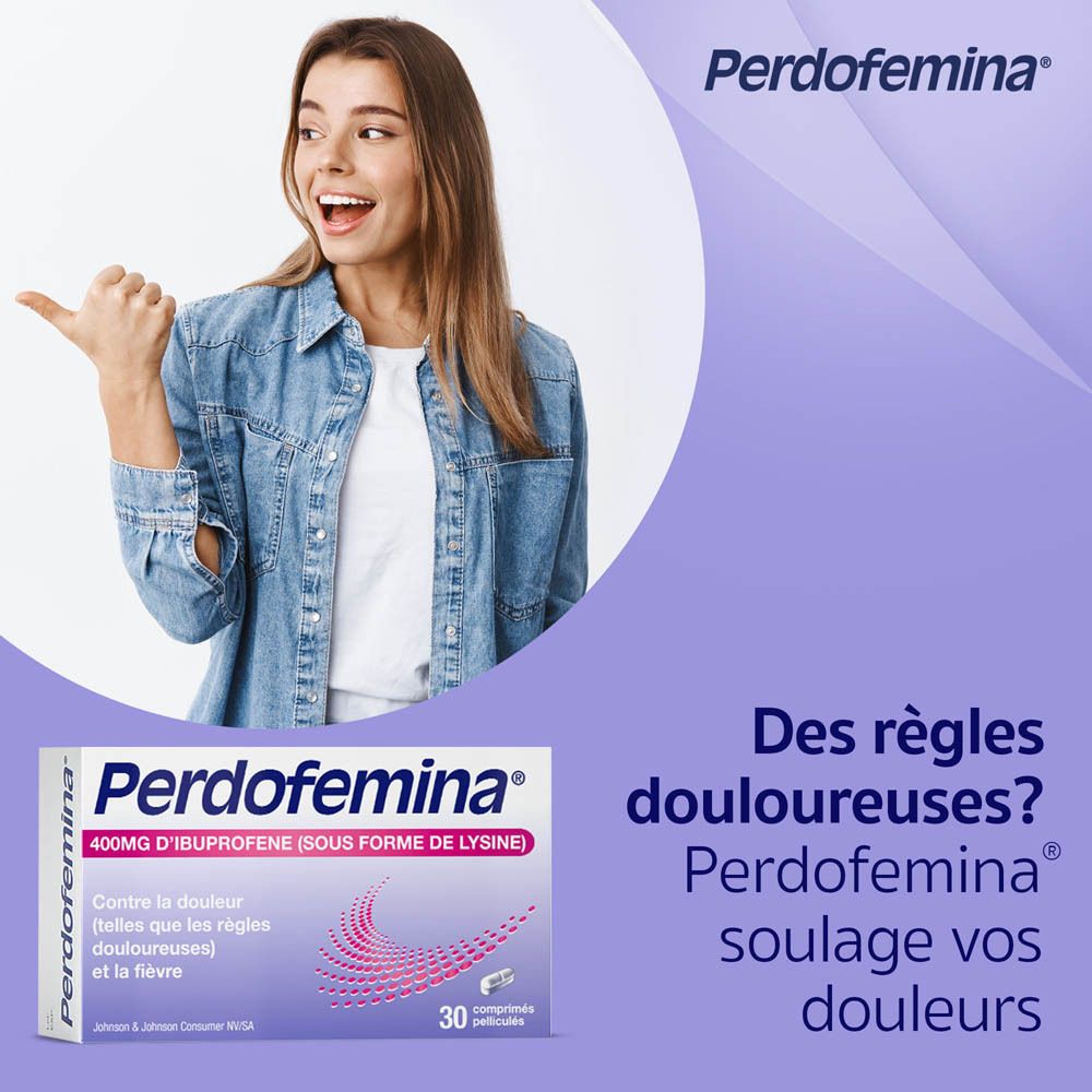 Femme souriante montre une boîte de Perdofemina. Texte: Règles douloureuses? Perdofemina soulage vos douleurs.