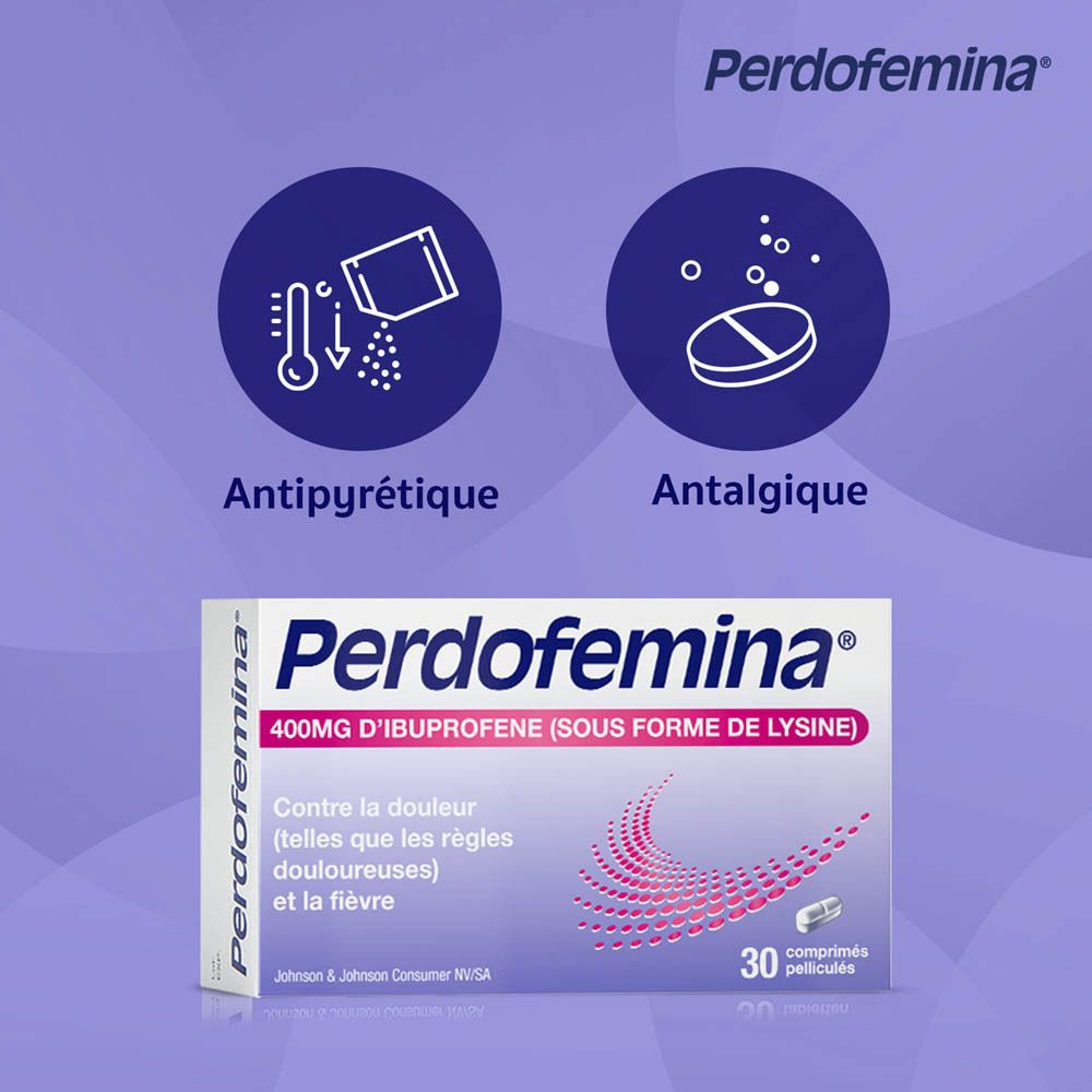 Graphique avec symboles antipyrétique et analgésique, à côté d'une boîte de Perdofemina.
