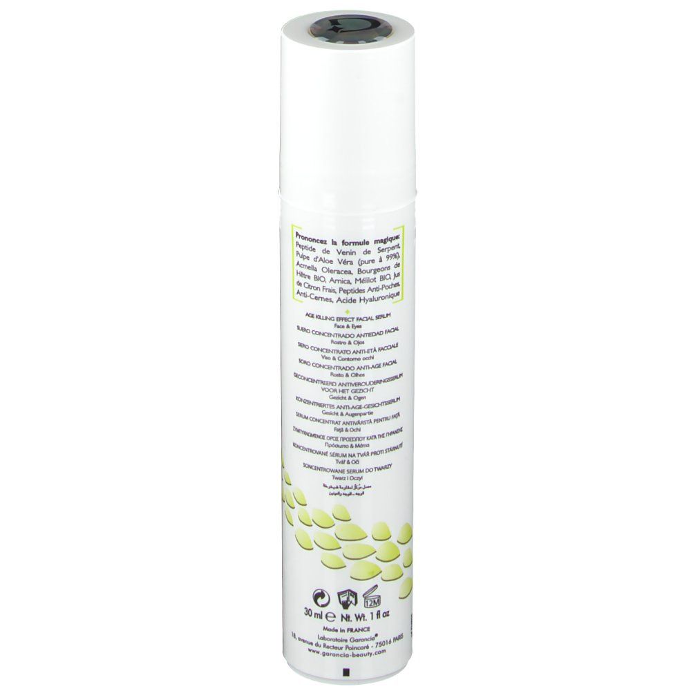 Weiße Serumflasche von Garancia. Rückseite mit Text. Aufschrift: 30 ml e. Logo und Informationen.