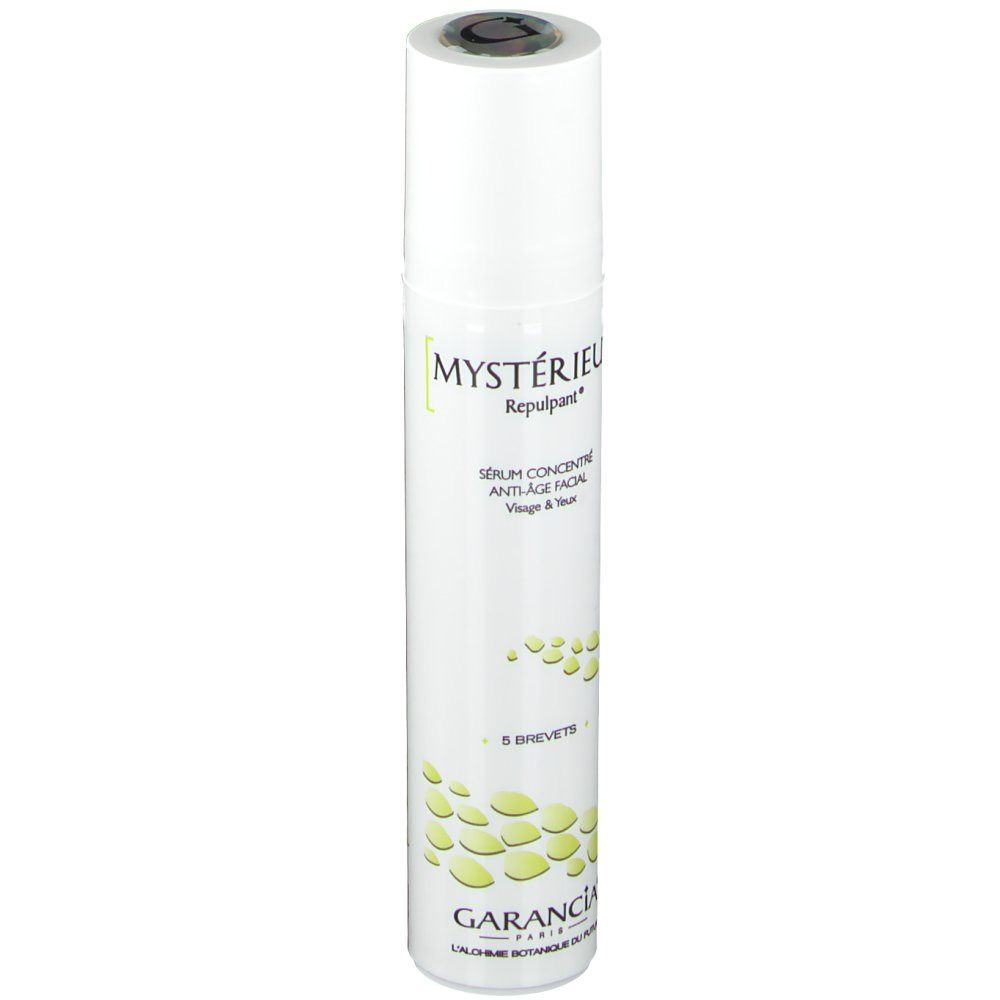 Weiße Serumflasche von Garancia. Aufschrift: Mystérieux Repulpant, Sérum Concentré Anti-Âge Facial. 5 Brevets.