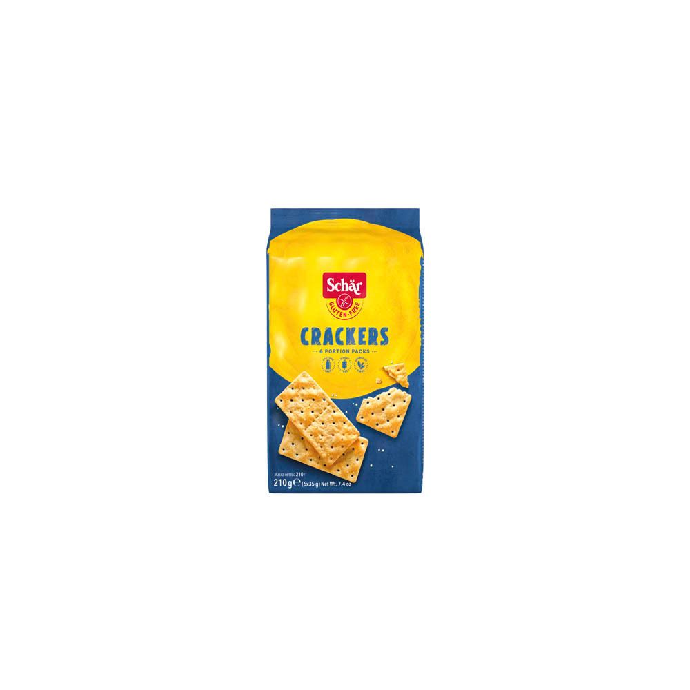 Paquet de crackers sans gluten Schär. Emballage bleu et jaune avec crackers. 6 portions. Sans gluten.