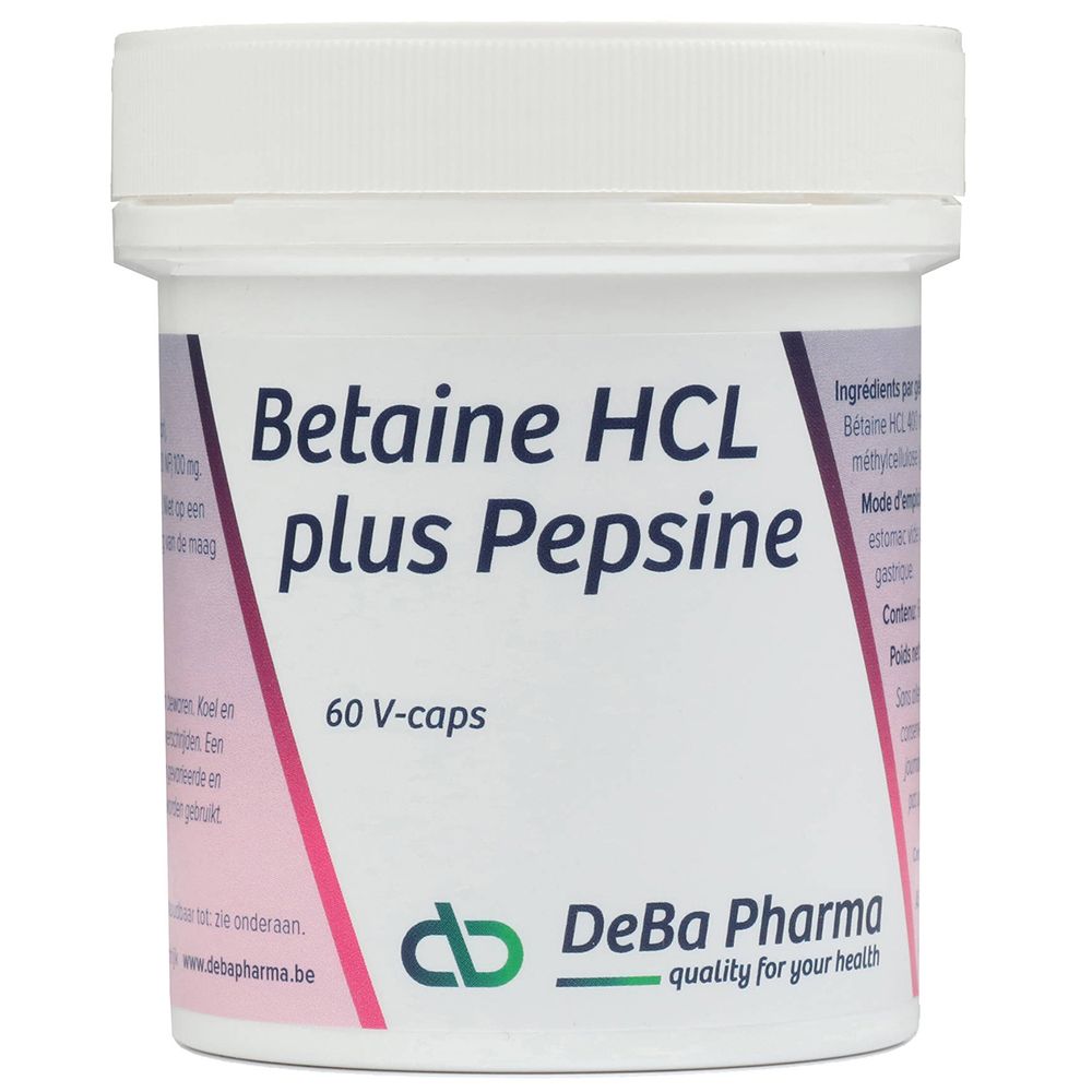 Weißes, zylindrisches Behältnis mit Deckel. Aufschrift: Betaine HCL plus Pepsine, 60 V-caps. Logo DeBa Pharma.