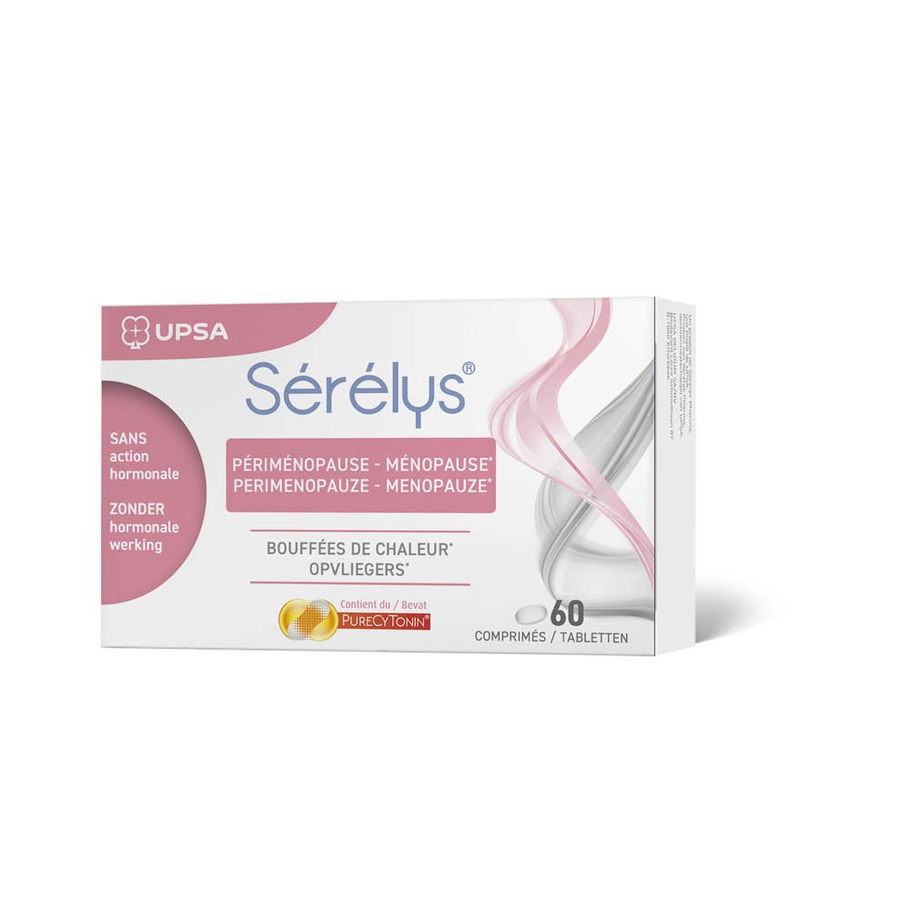 Boîte de Sérélys® Menopause, 60 comprimés. Inscription: Sans action hormonale. Pour la ménopause.
