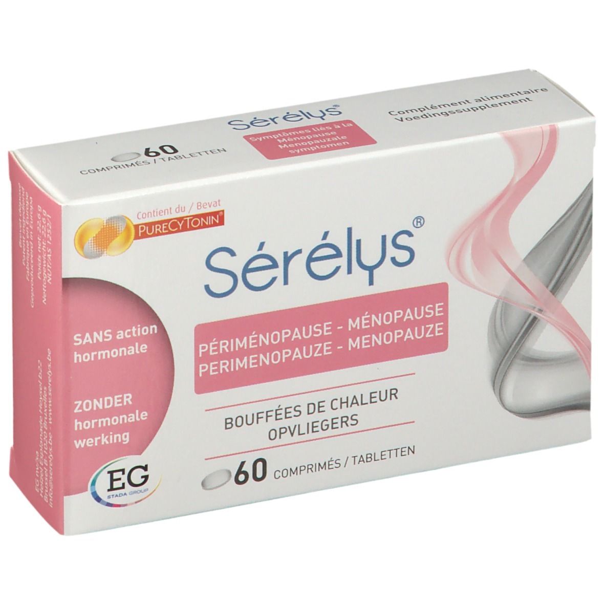 Boîte de Sérélys® Menopause, 60 comprimés. Inscription: Sans action hormonale. Pour la ménopause.