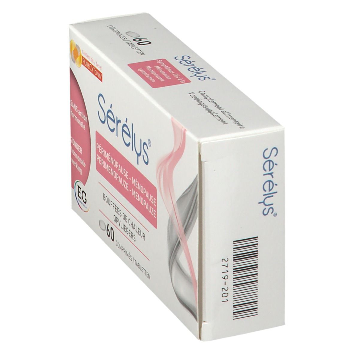 Boîte de Sérélys® Menopause en biais. Inscription: 60 comprimés. Code-barres et nom du produit visibles.