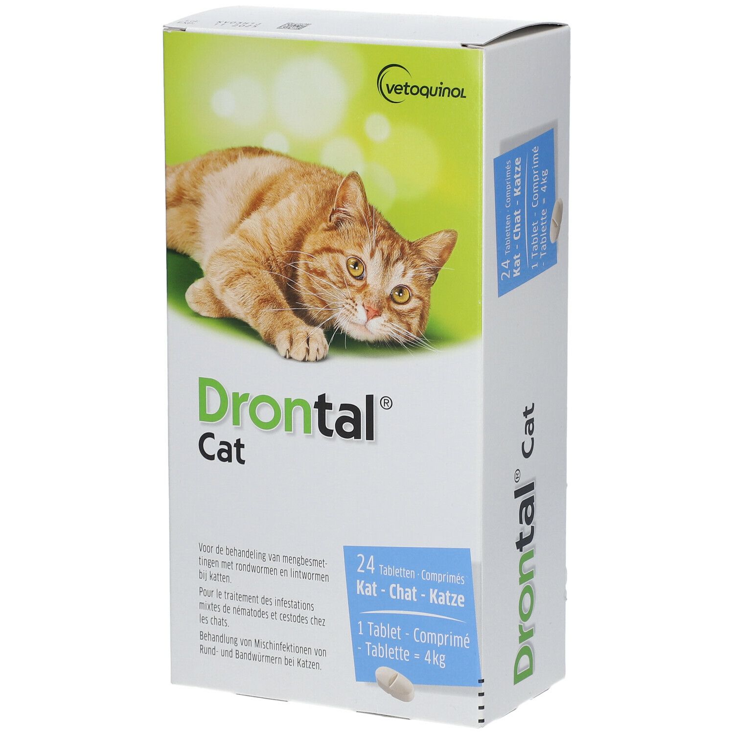 Verpakking van Drontal Cat. Afbeelding van kat, productnaam en aantal tabletten. Groen-witte kleurstelling.