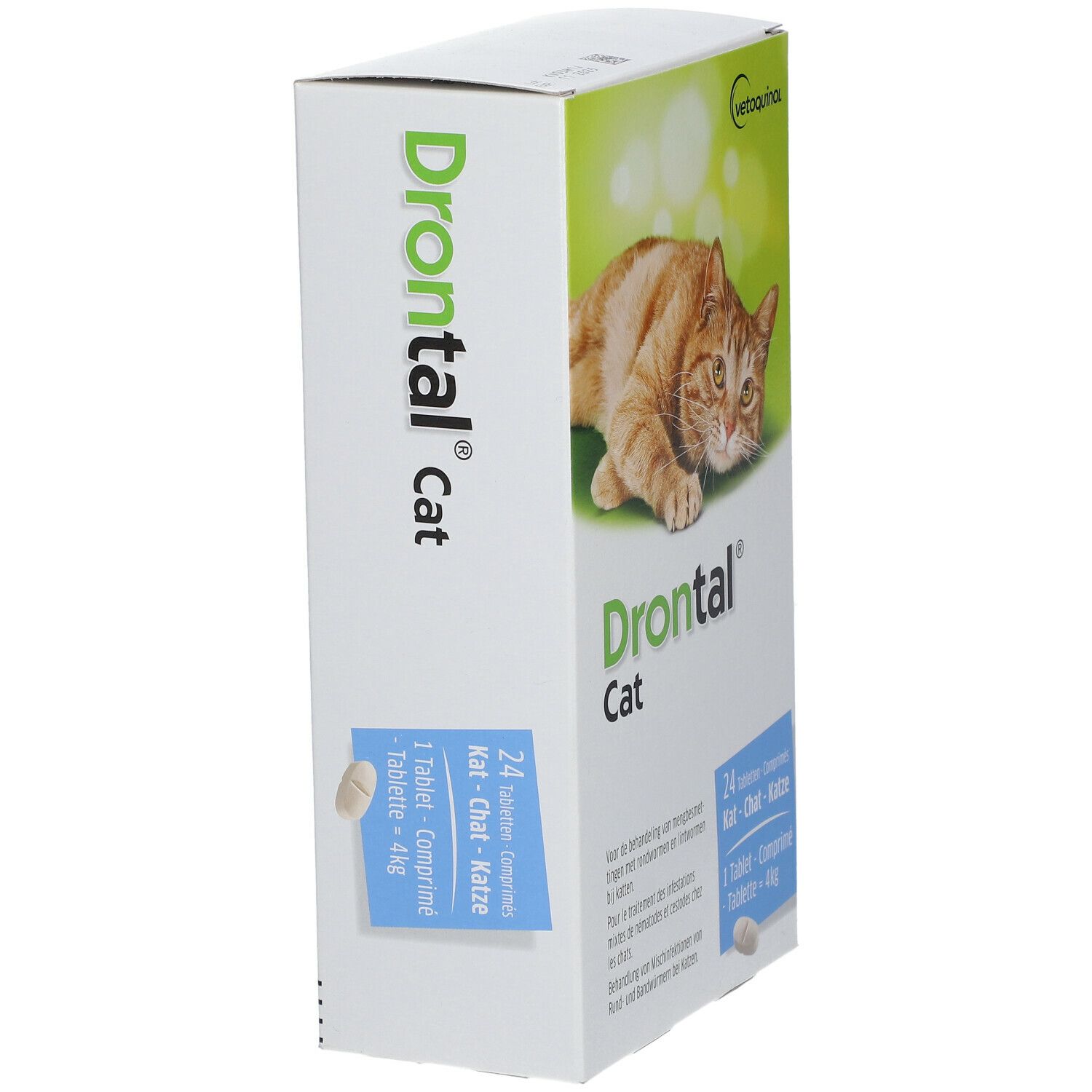 Drontal Cat verpakking, zijaanzicht. Productnaam en aantal tabletten. Groen-witte kleurstelling.