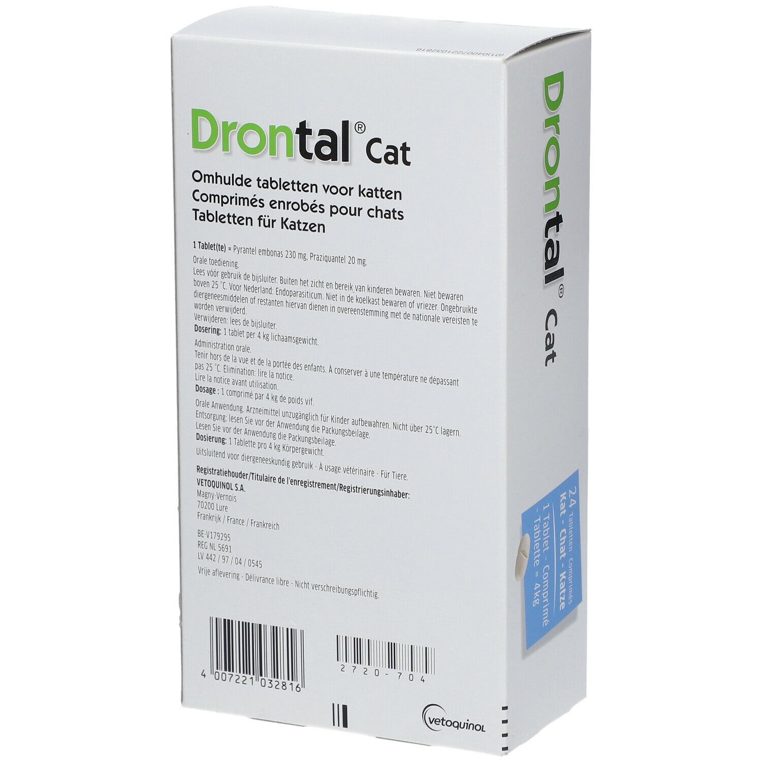Drontal Cat verpakking. Achterkant met tekstinformatie. Groen-witte kleurstelling. Vetoquinol logo.