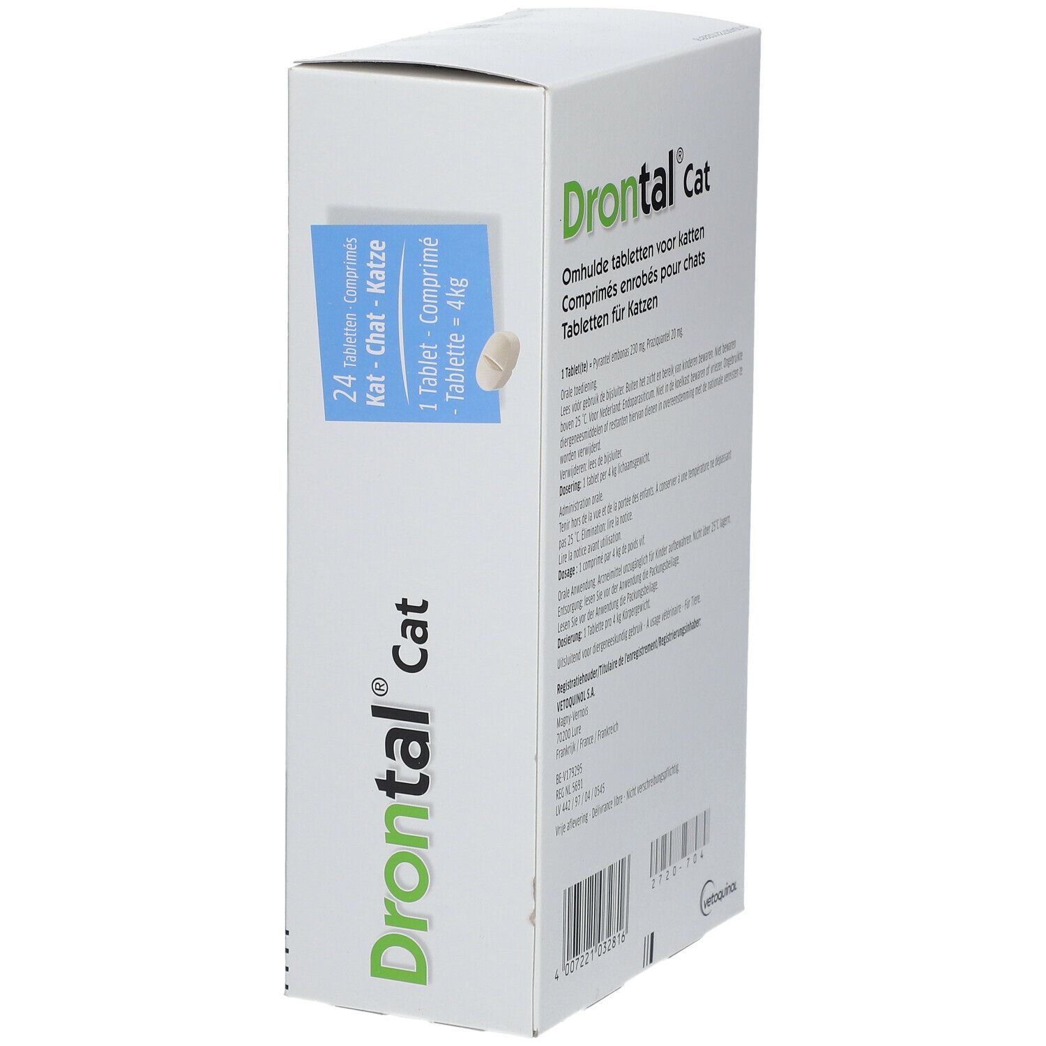 Drontal Cat verpakking, zijaanzicht. Productnaam en aantal tabletten. Groen-witte kleurstelling.