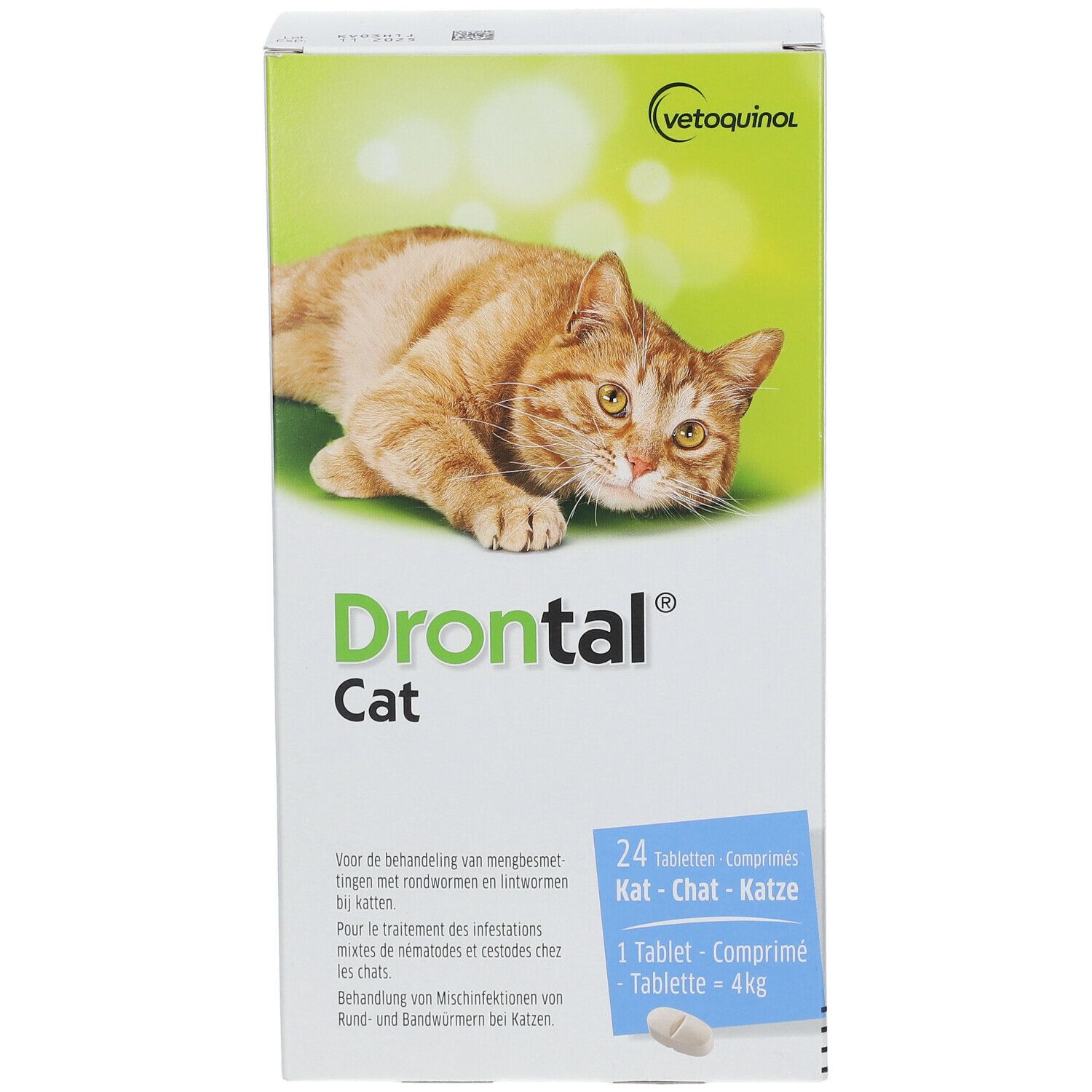 Drontal Cat verpakking. Vooraanzicht met kat, productnaam en aantal tabletten. Groen-witte kleurstelling.