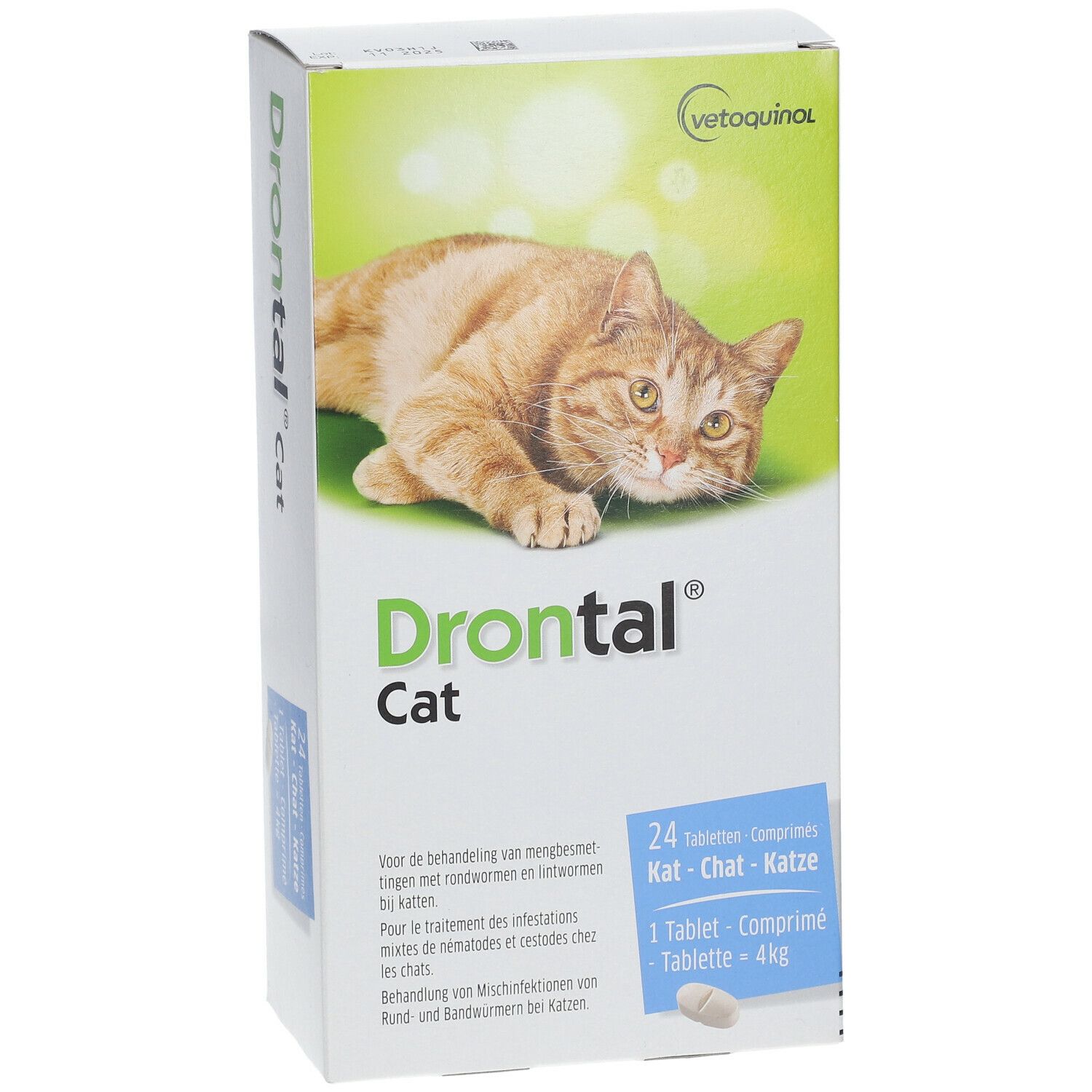 Drontal Cat verpakking. Vooraanzicht met kat, productnaam en aantal tabletten. Groen-witte kleurstelling.