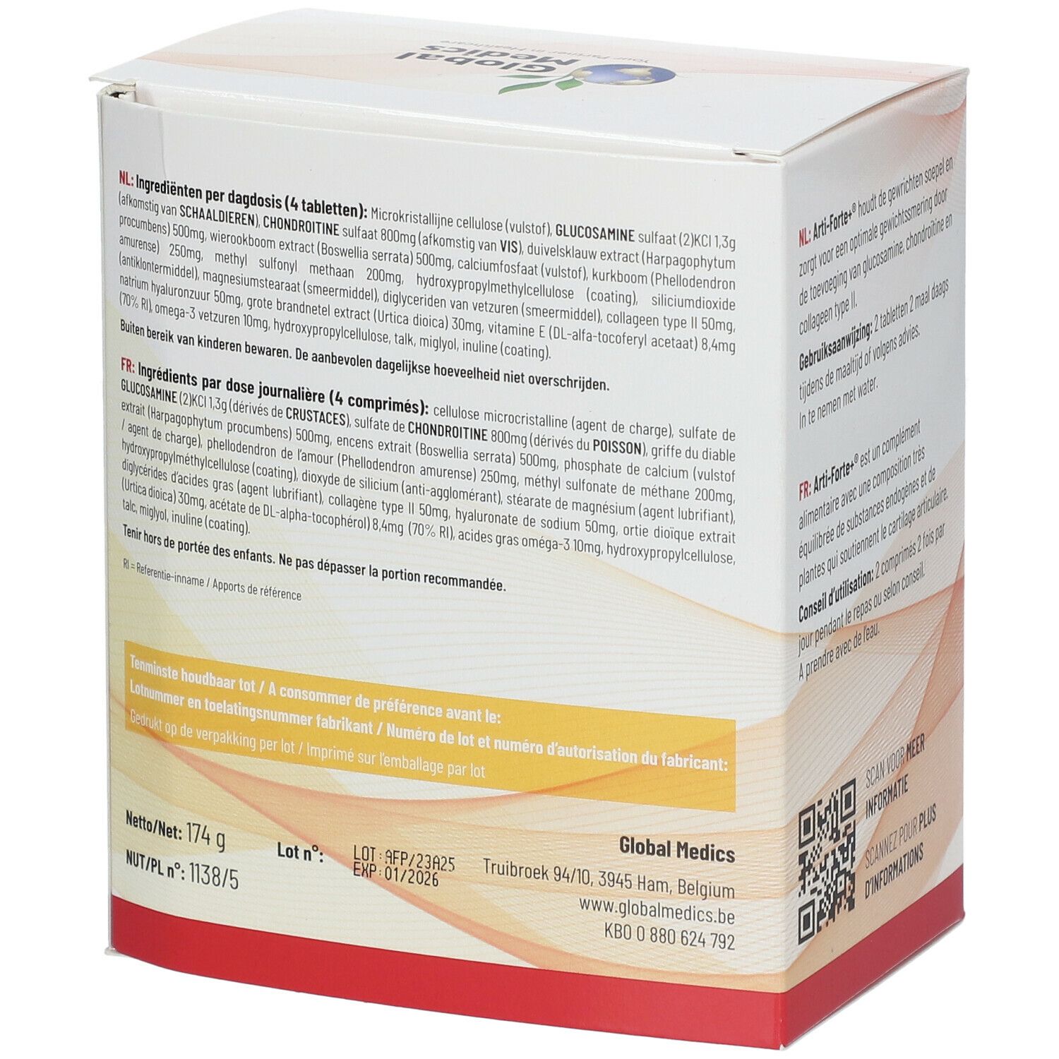Achterkant van de Arti-Forte+ verpakking. Lijst van ingrediënten in het Nederlands en Frans. Global Medics logo.