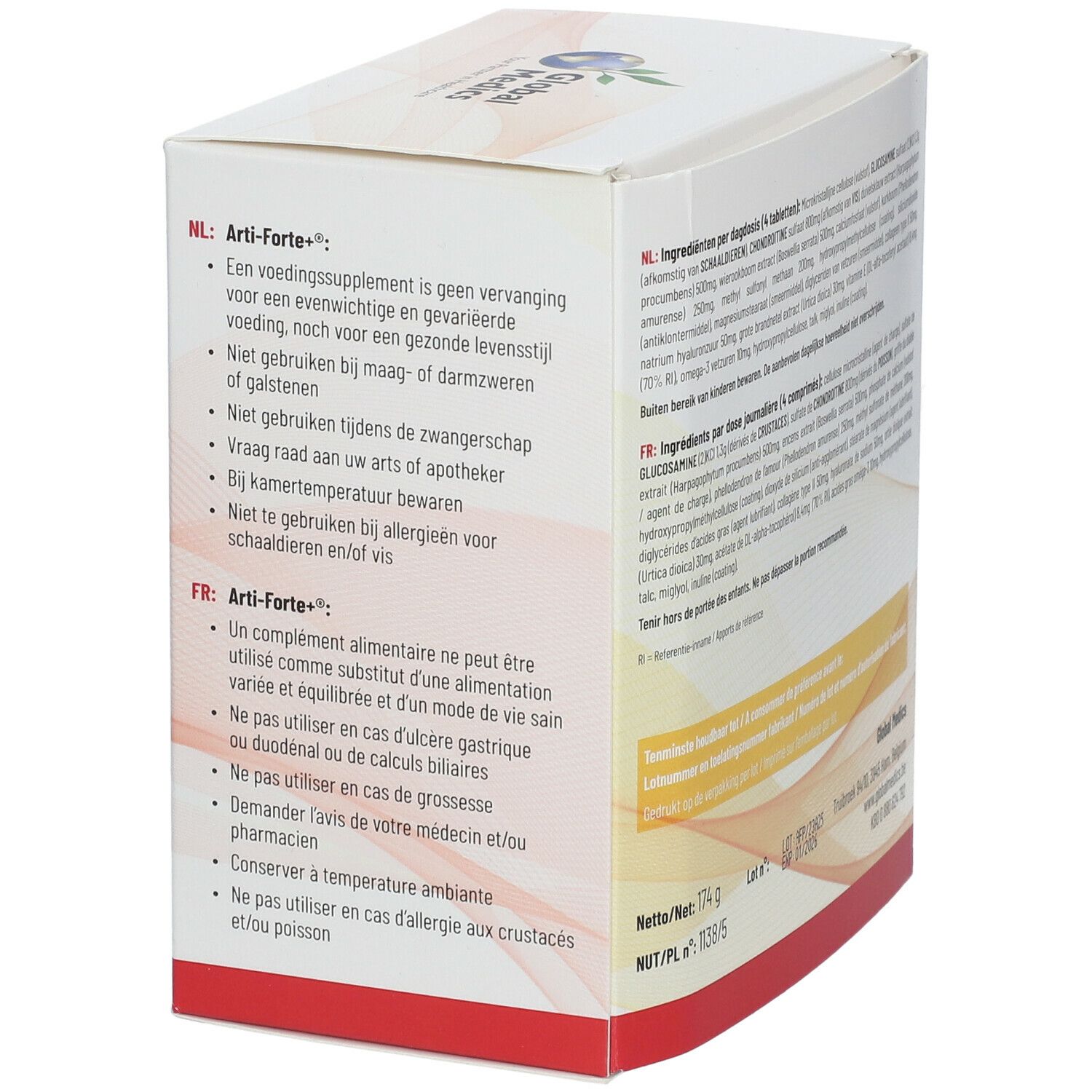 Zijkant van de Arti-Forte+ verpakking. Tekst in het Nederlands en Frans. Global Medics logo. Nettogewicht: 174 g.