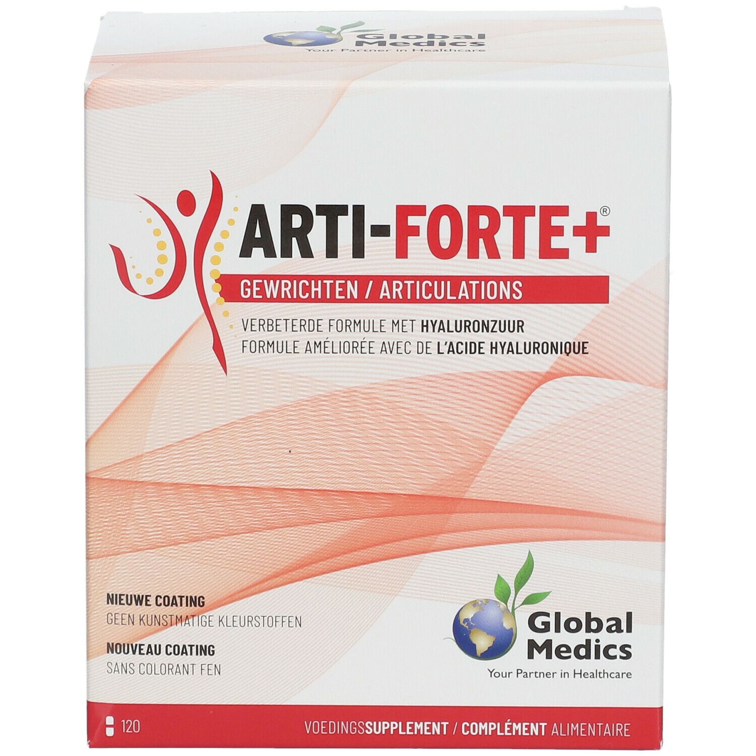 Voorkant van de Arti-Forte+ verpakking. Witte doos met rode en gele graphics. Tekst: Arti-Forte+, Global Medics.
