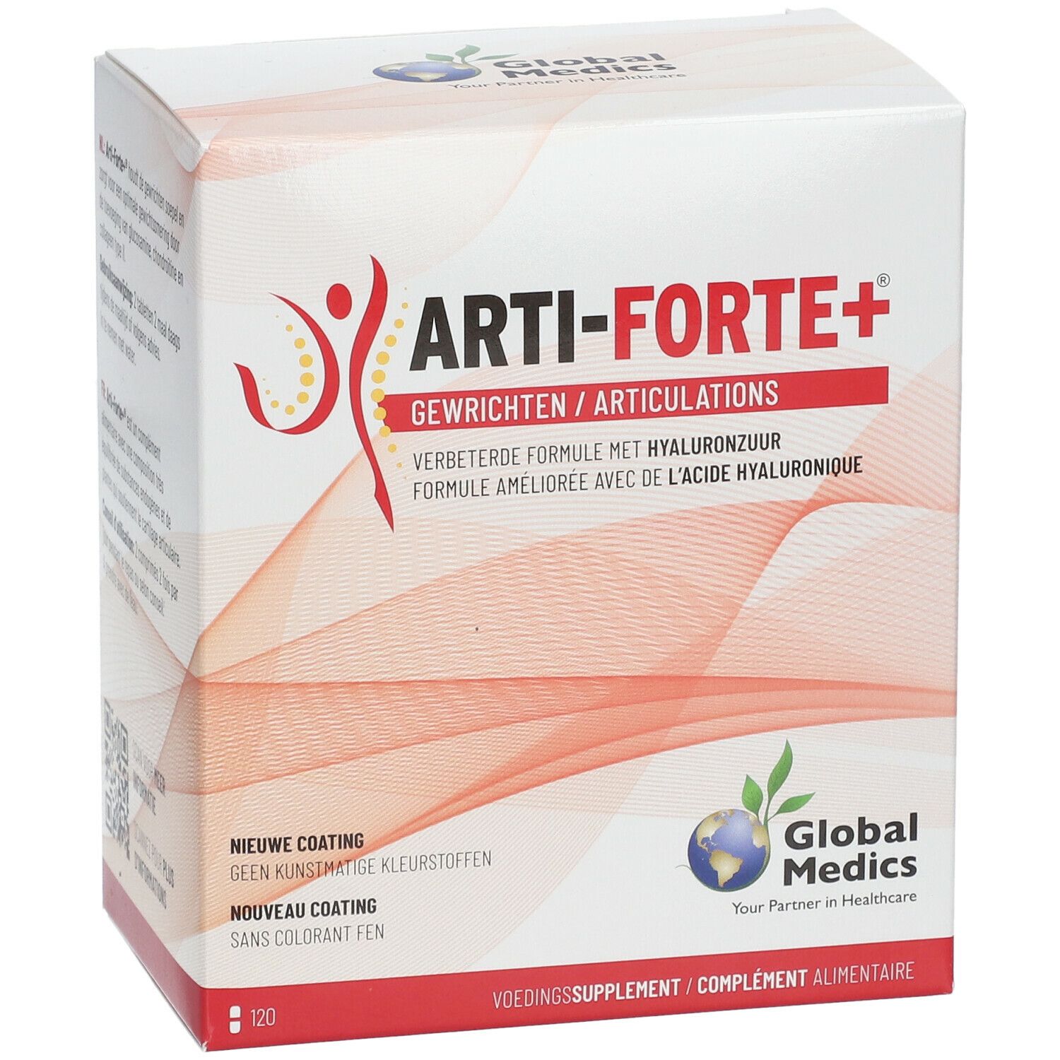Voorkant van de Arti-Forte+ verpakking. Witte doos met rode en gele graphics. Tekst: Arti-Forte+, Global Medics.