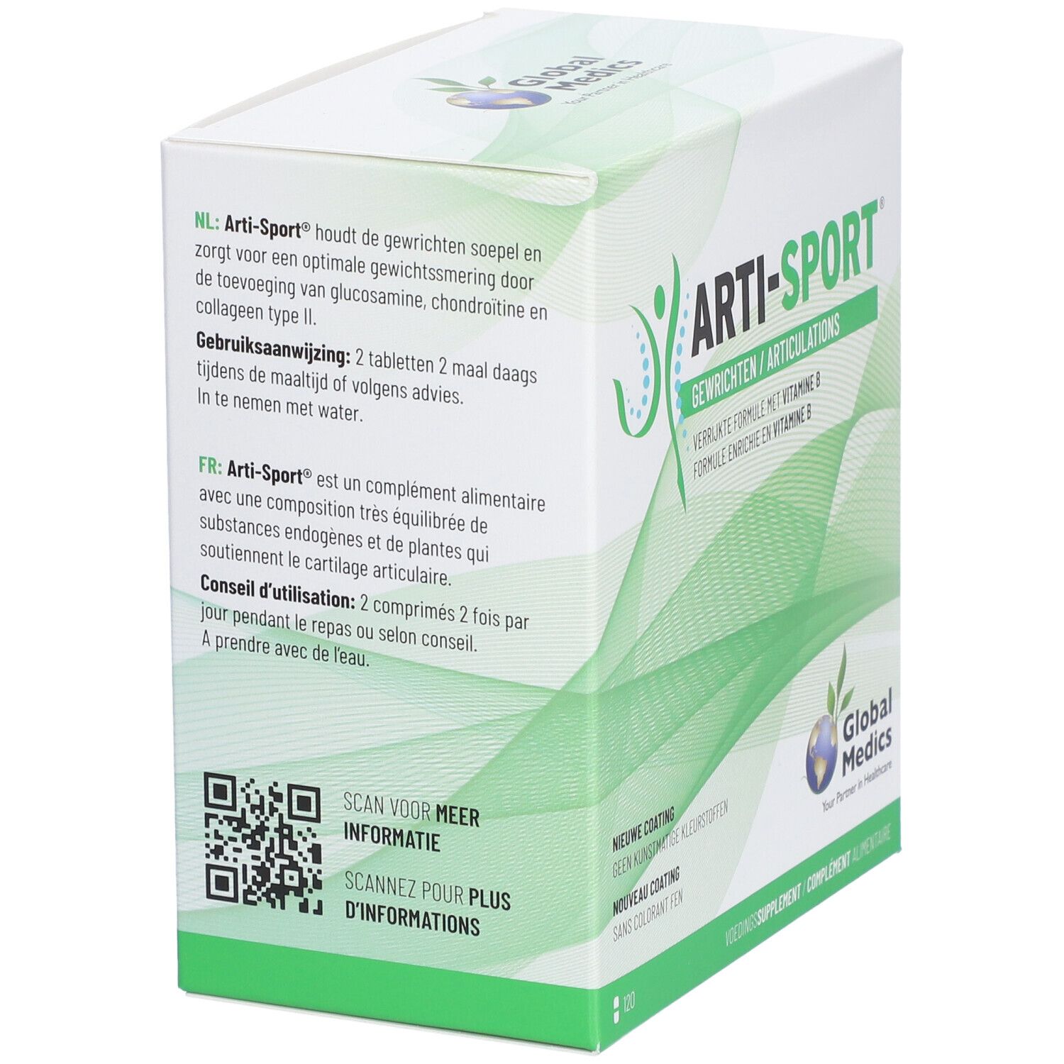 Achterkant verpakking Arti-Sport. Tekst in het Nederlands en Frans. QR-code. Logo Global Medics. Witte en groene kleuren.