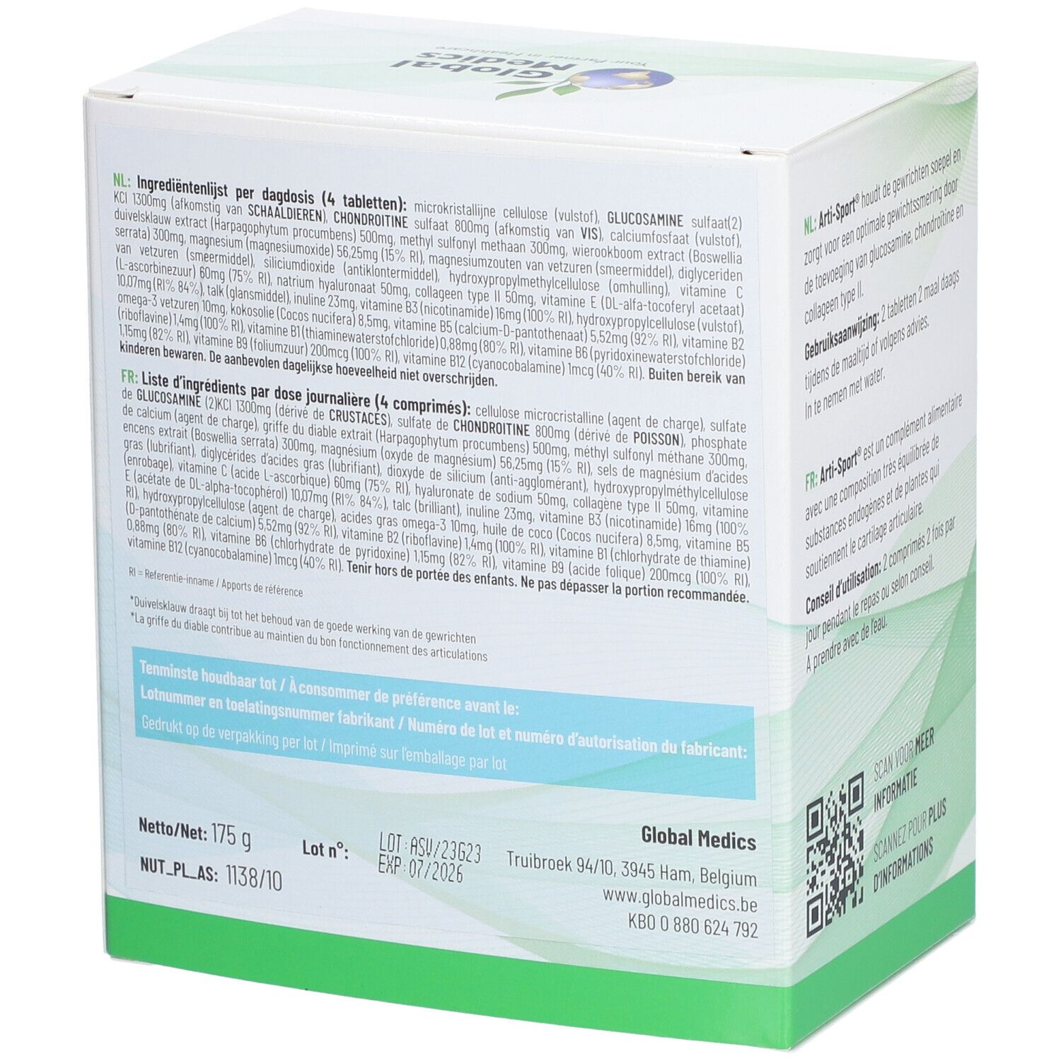 Achterkant verpakking Arti-Sport. Ingrediëntenlijst in het Nederlands en Frans. Logo Global Medics. Witte en groene kleuren.
