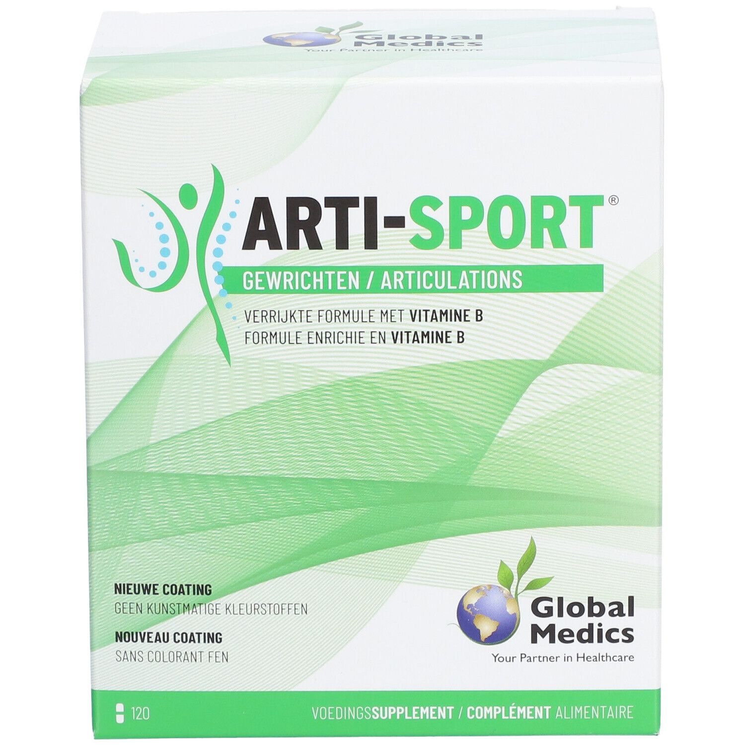 Verpakking Arti-Sport. Witte doos met groene golven. Opschrift: Arti-Sport, Gewrichten/Articulations. Logo Global Medics. 120 tabletten.